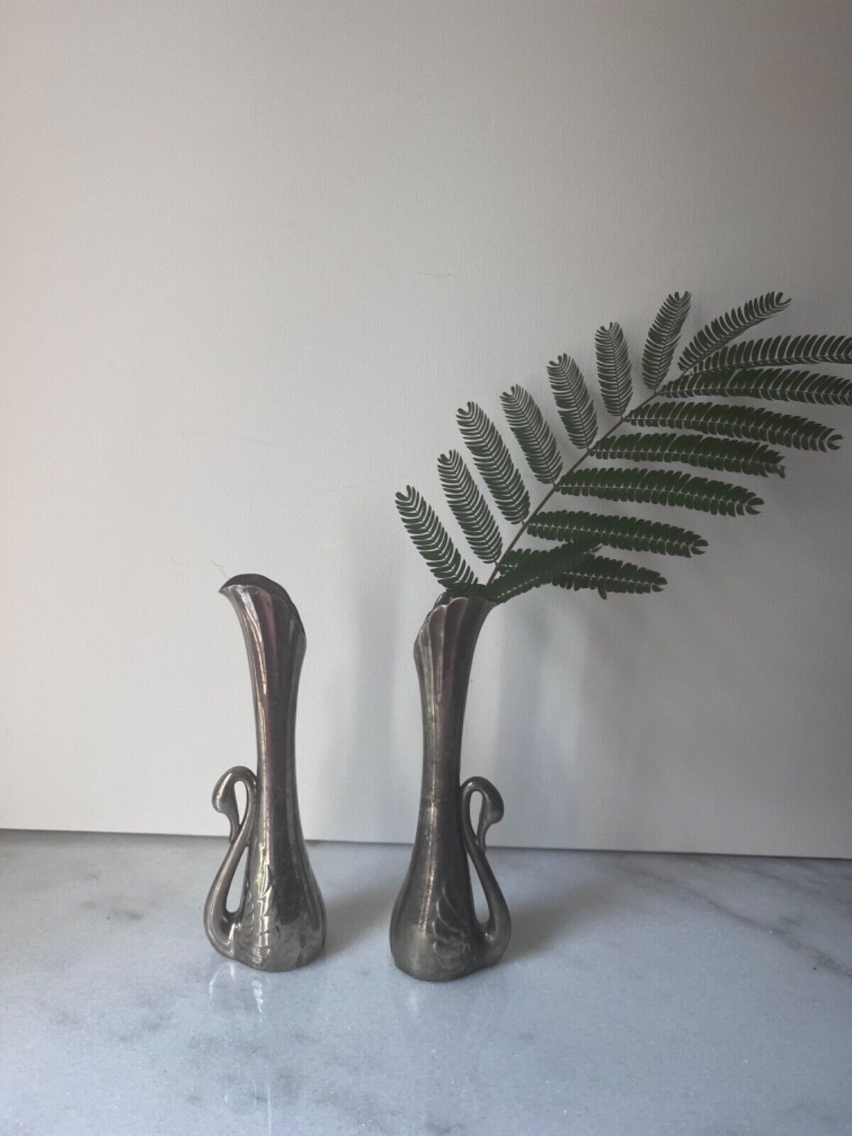 Pair of Vintage Silver Swan Art Deco Vase, Silver fluted Bud Vase 7”