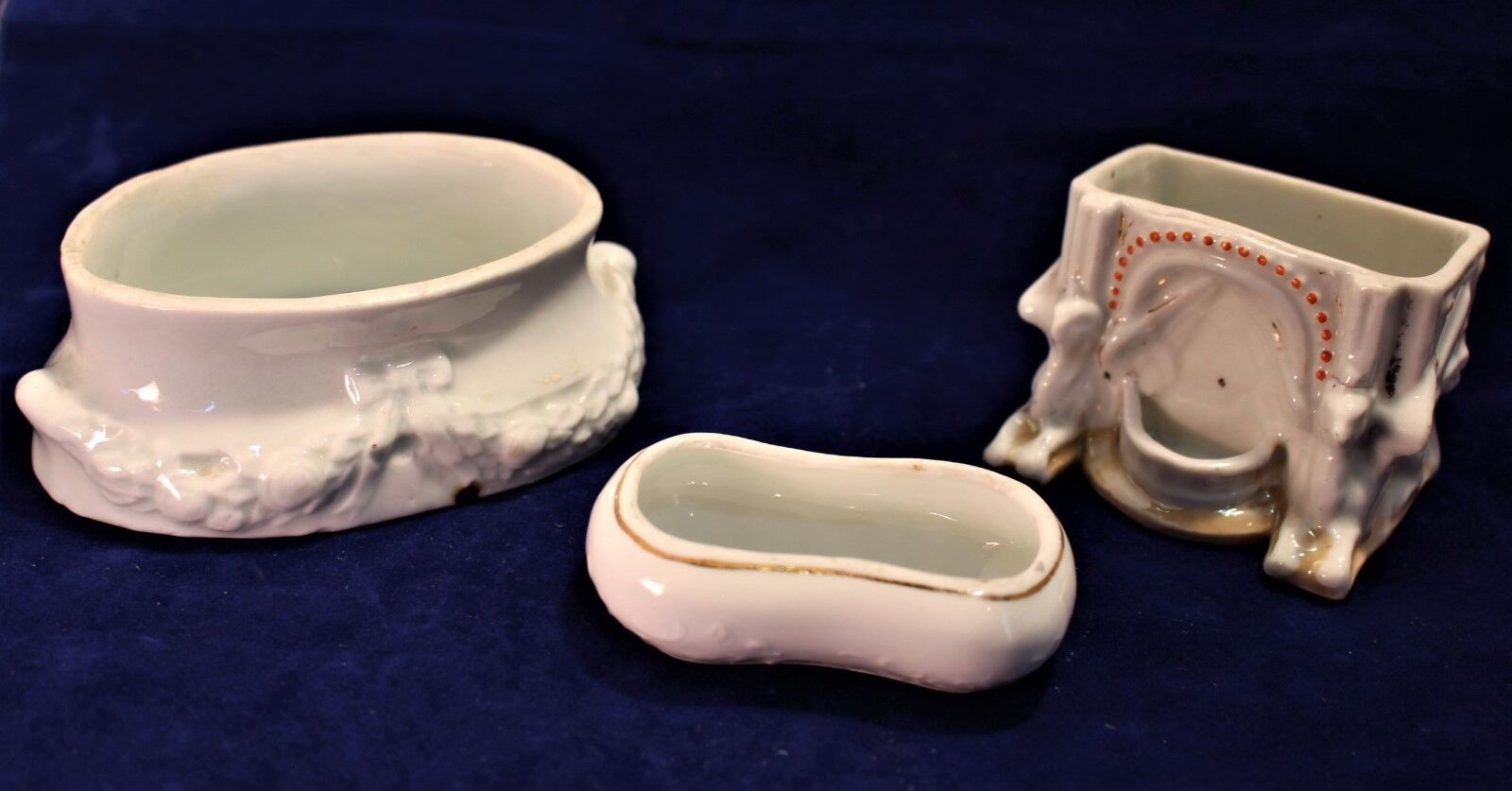 Three Unique Porcelain Victorian Salt Cellar Fairings or Souvenirs c. 1885