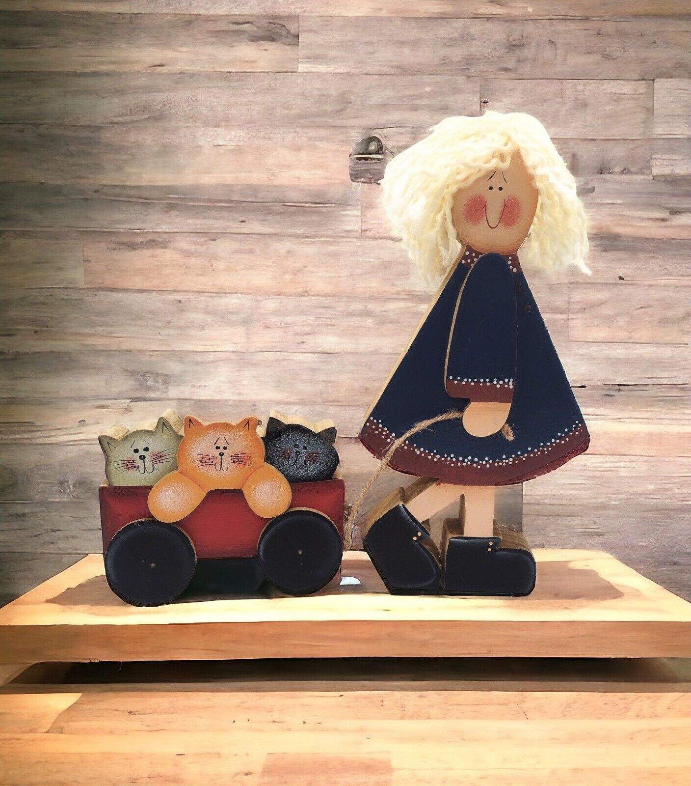 Handmade Folk Art Wood Girl Cats Figurine Decor Kitsch Sculpture Wagon Painted