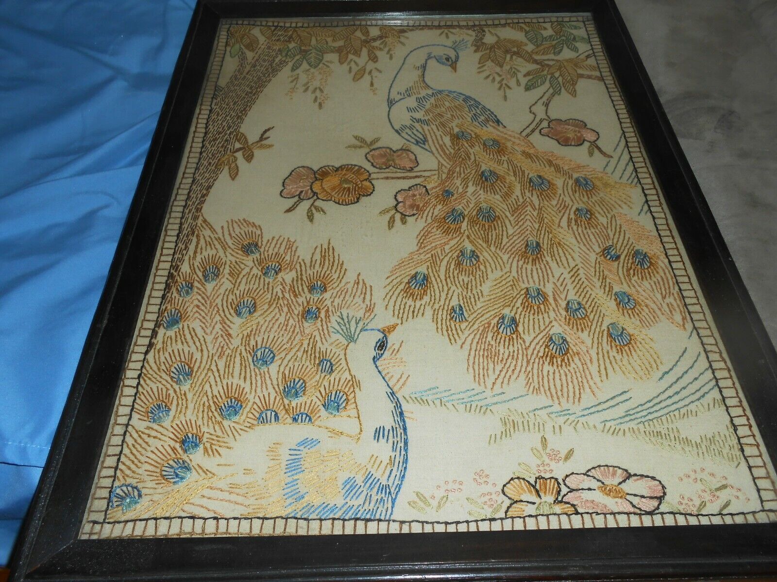 Antique Needlework PEACOCK Picture Framed Exquisite Early Peacock Sampler