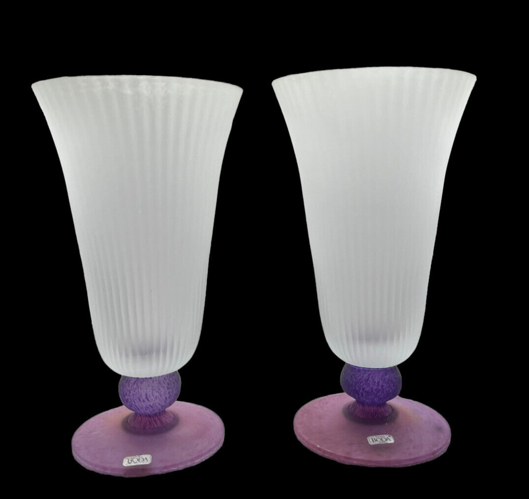 Set Of 2 Kosta Boda Handmade Vases Purple Base, Ribbed Frosted Top-Sweden￼ 8.5”H