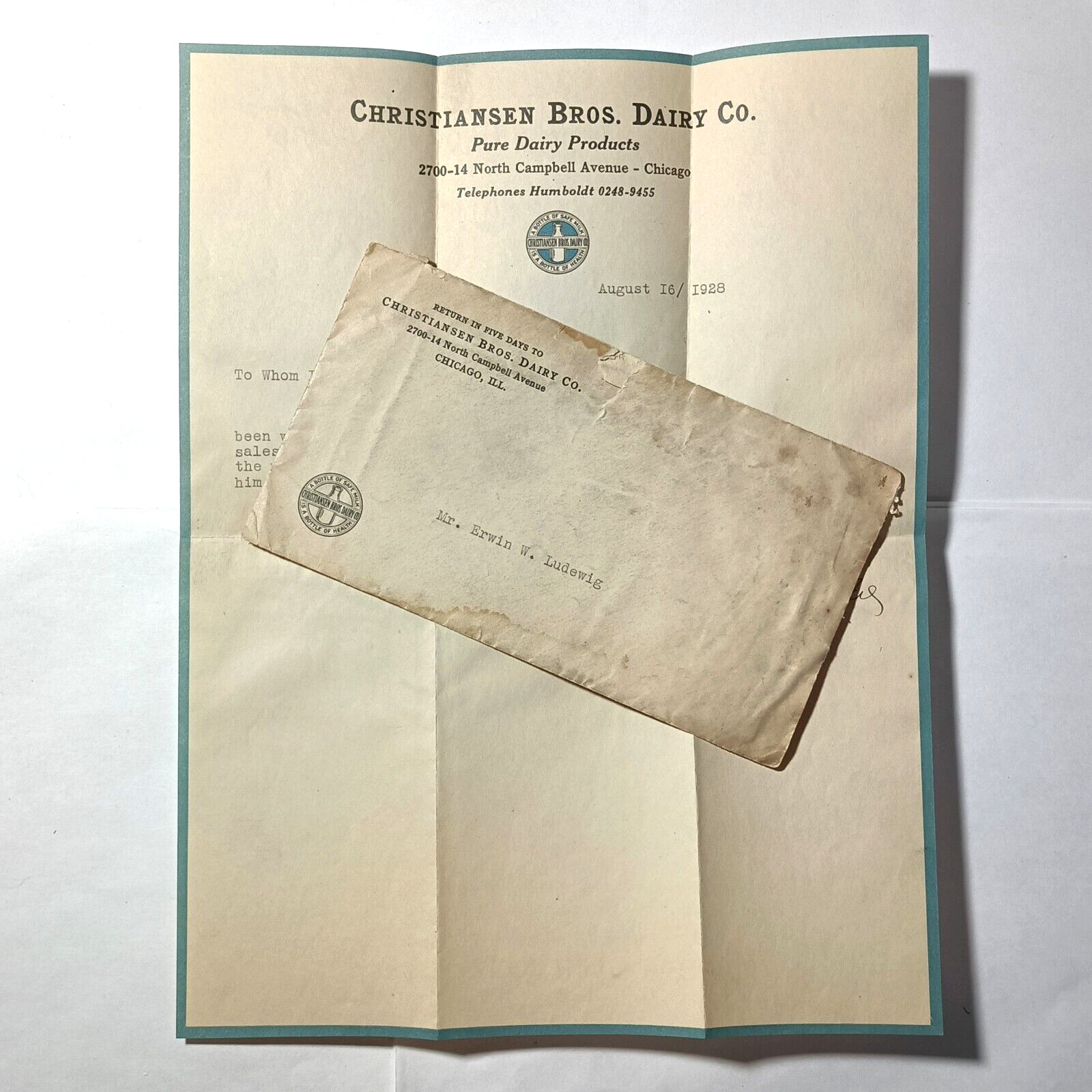 Christiansen Brothers Dairy vintage letterhead & envelope 1928 Chicago signed
