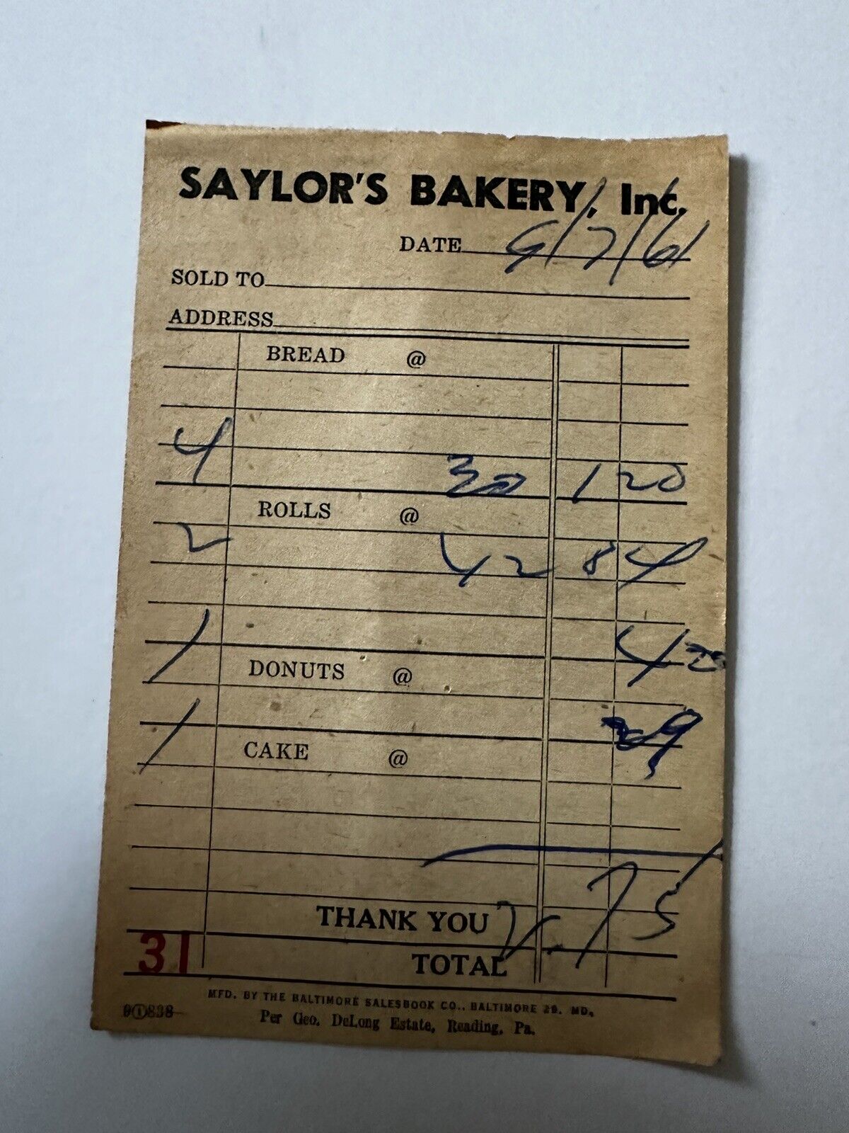 1961  billhead Saylorsburg Bakery Inc Reading  PA