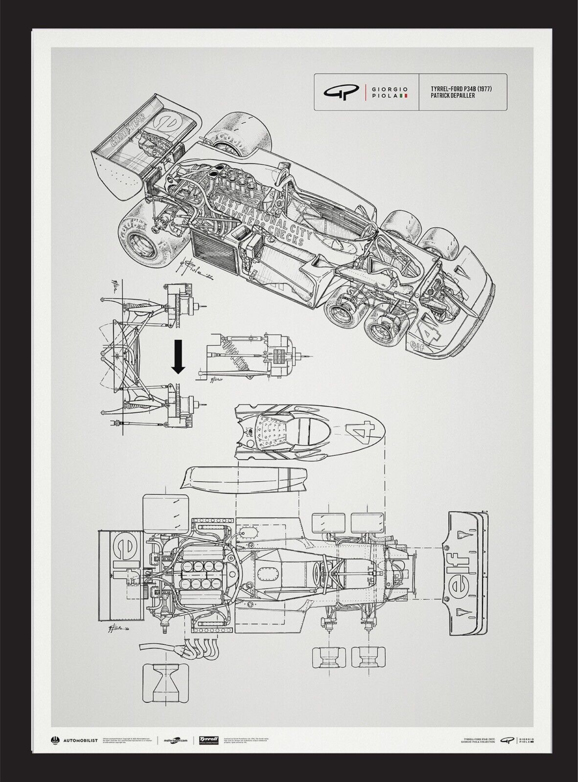 1977 Elf Tyrrell-Ford P34B Technical Illustration Drawings Giorgio Piola Poster