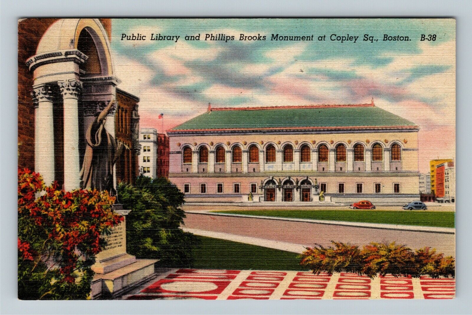 Boston MA-Massachusetts Public Library Phillips Brooks Mon. Linen c1945 Postcard