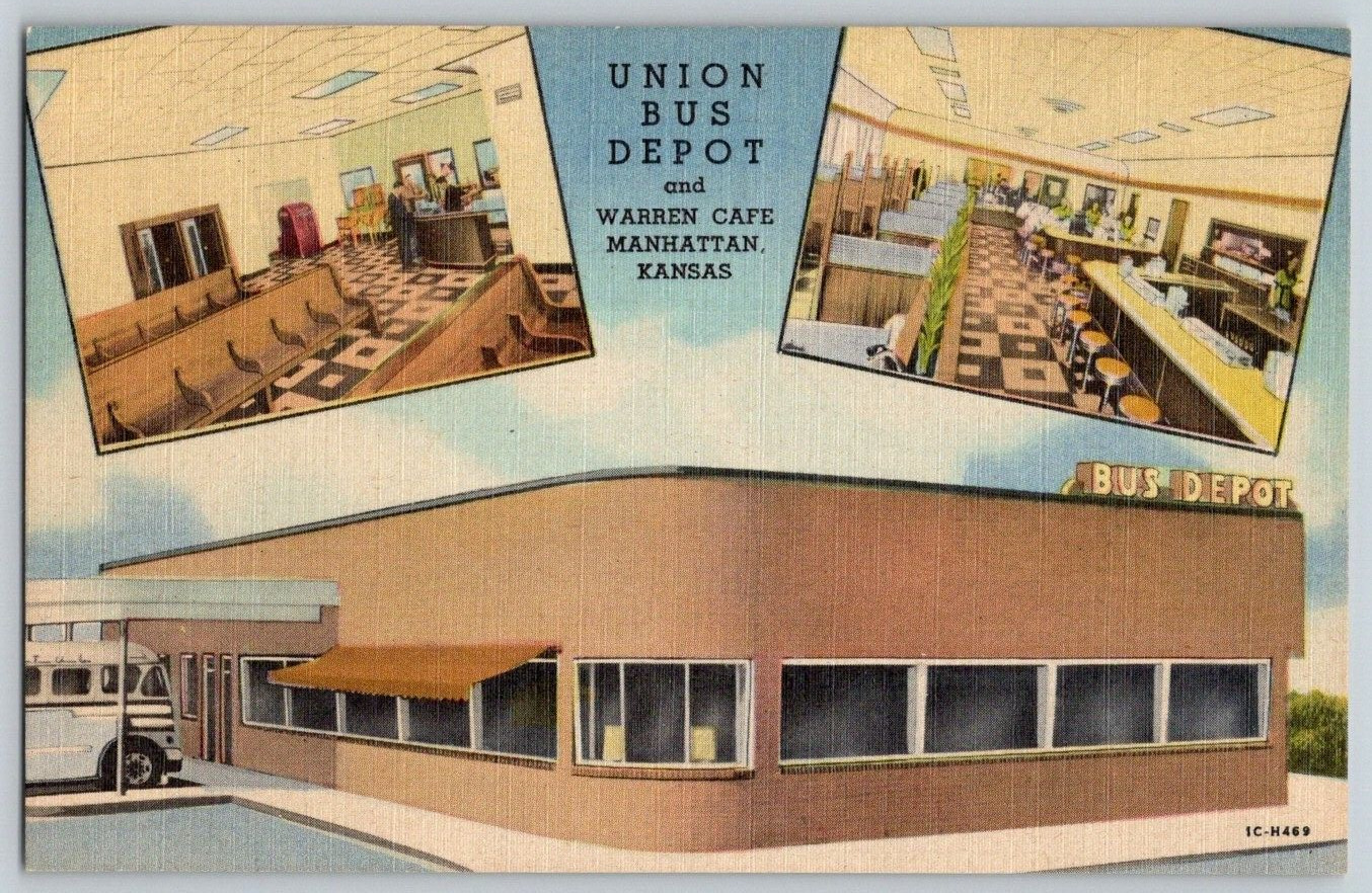 Linen Postcard~ Union Bus Depot & Warren Cafe~ Manhattan, Kansas~ KS