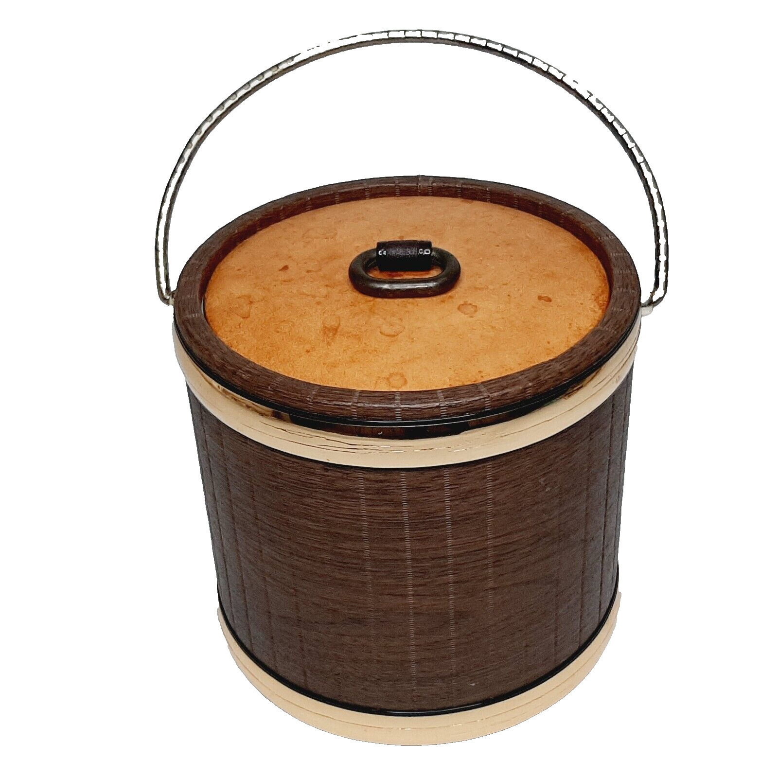 Kraftware Ice Bucket Faux Wood Grain & Gold Tone Vintage Mid-Century Barware