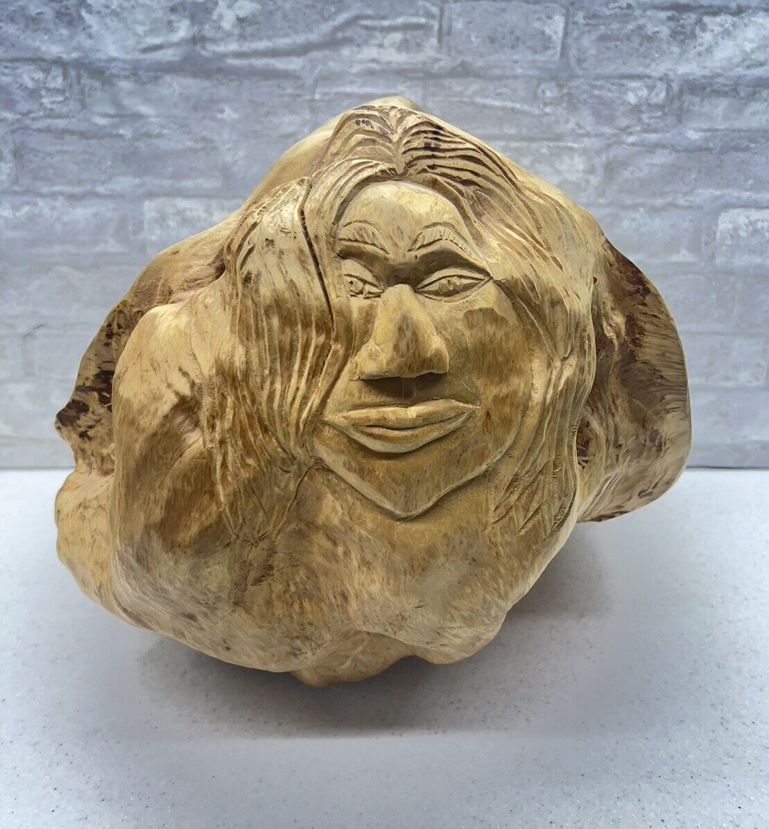 Large Burl Wood Basket Bowl With Face Hand Carved  OOAK Decor