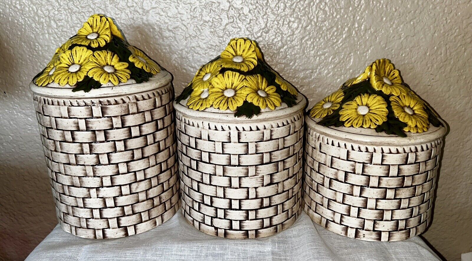 Vintage 70s Ceramic Daisy Basket Weave Canister Set 6 Pc Kitchen Decor