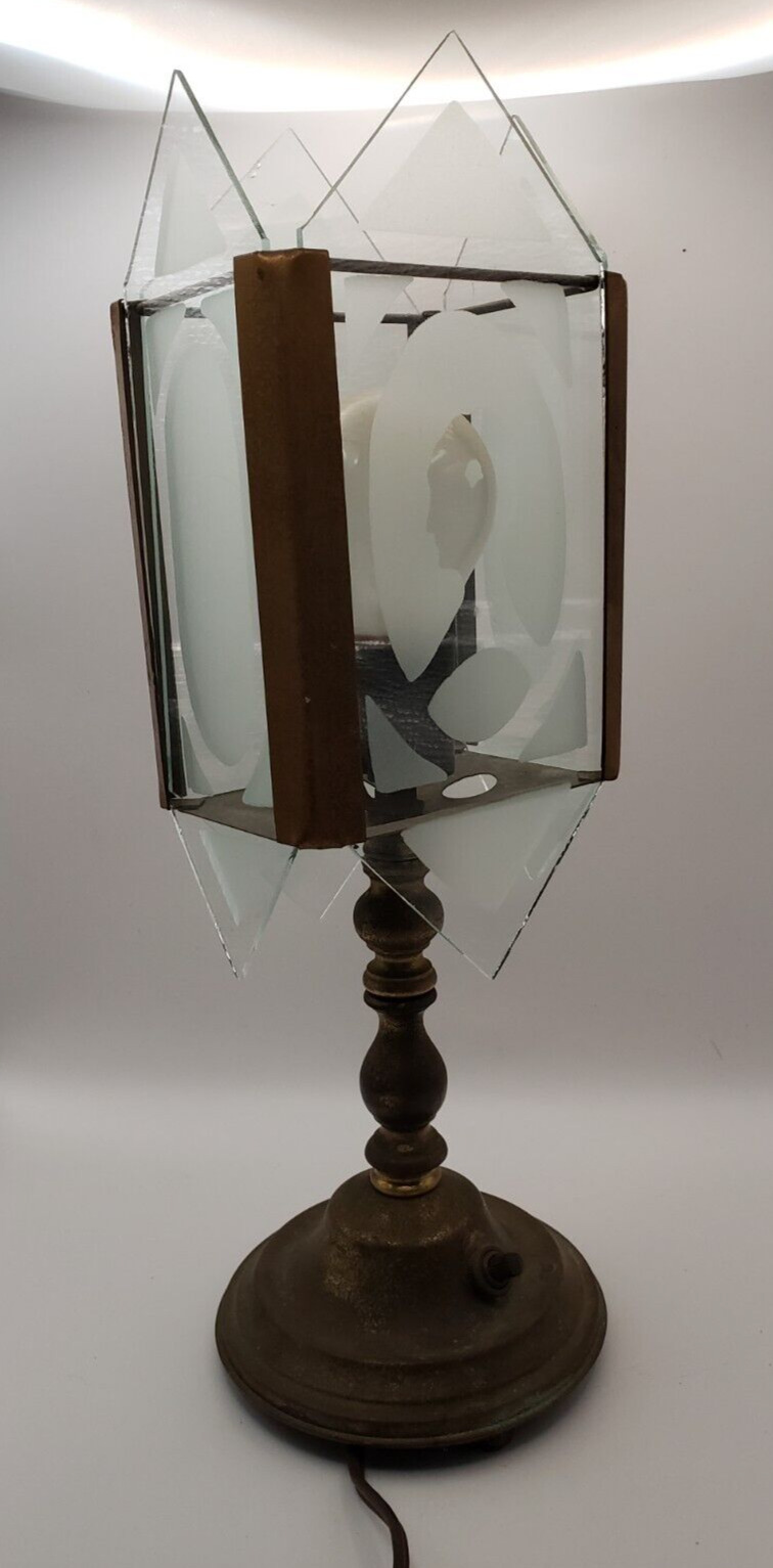 Vintage Antique Brass Etched Panel Glass Desk Table Lamp Light