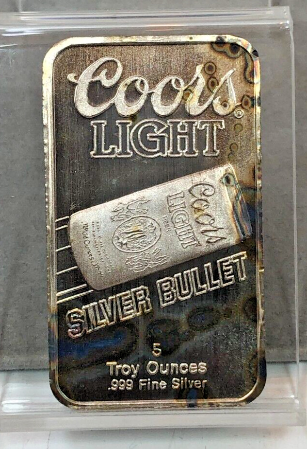 Vintage Sunshine Mining ~ Coors Light Silver Bullet ~ 5oz 999 Silver Bar ~ TONED