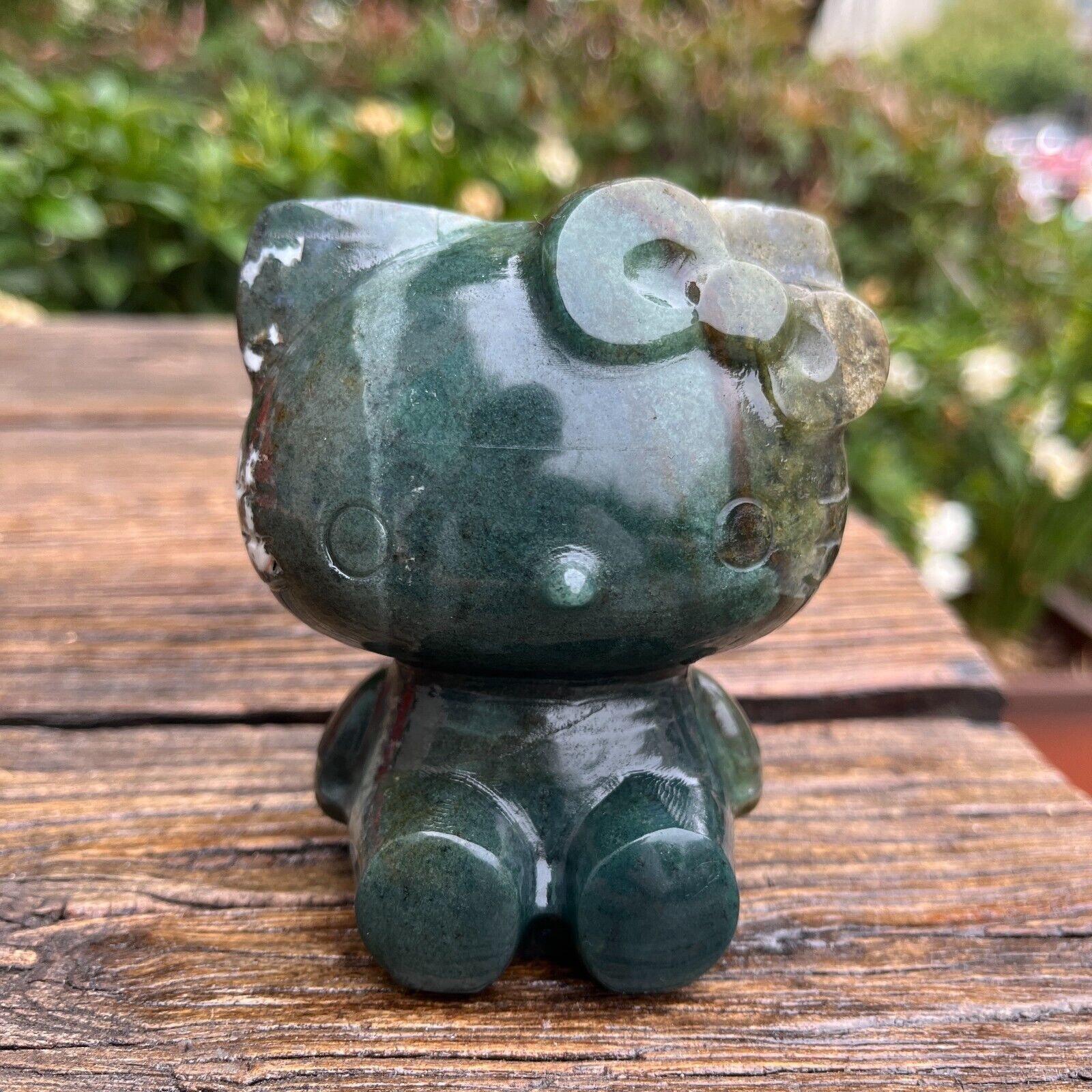 1.3LB 3.5\'\' Natural Moss Agate Hello Kitty Cat Statue Quartz Crystal Carving