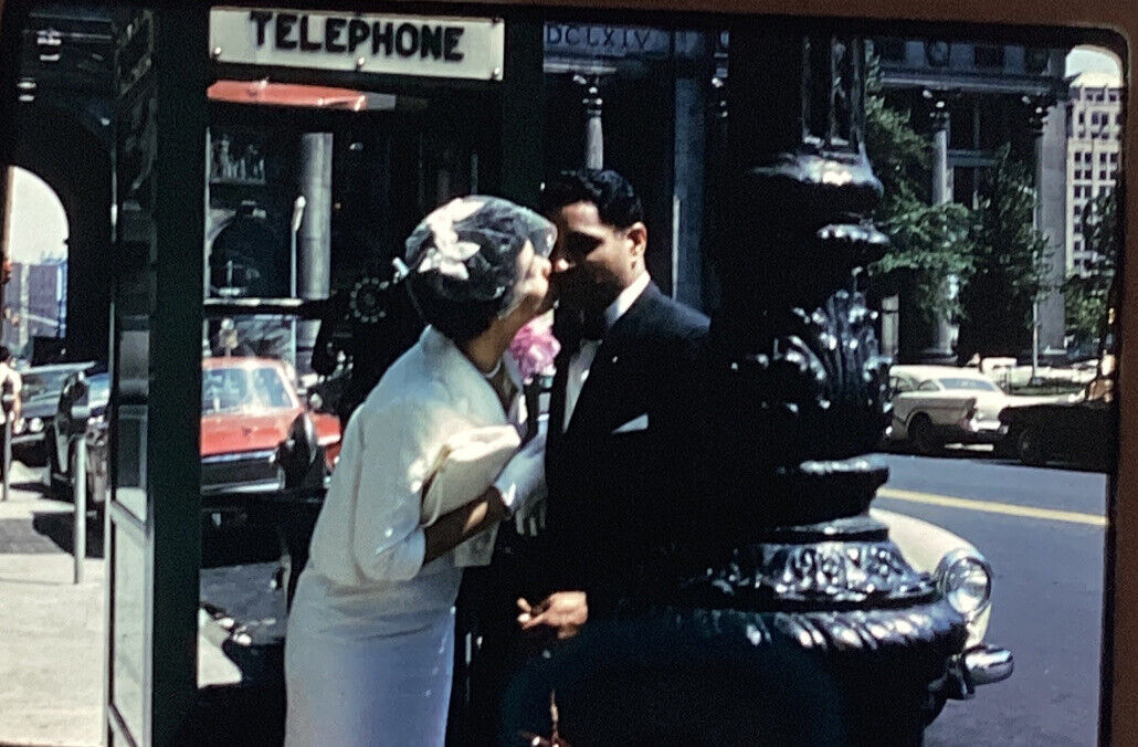 1960’s Color Photo Slide Couple Kissing Front Of Rotary Dial Pay Telephone Booth