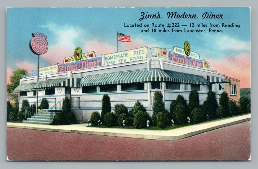Zinn\'s Modern Diner LANCASTER Pennsylvania ~ Vintage Art Deco Postcard ~1950s