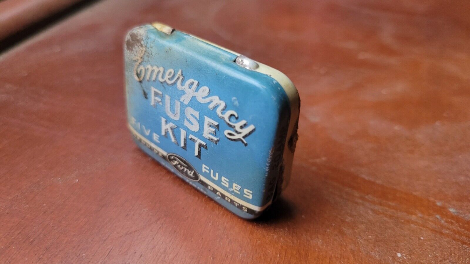 Vintage Ford Emergency Bulb & Fuse Kit. Light Blue tin with four fuses.