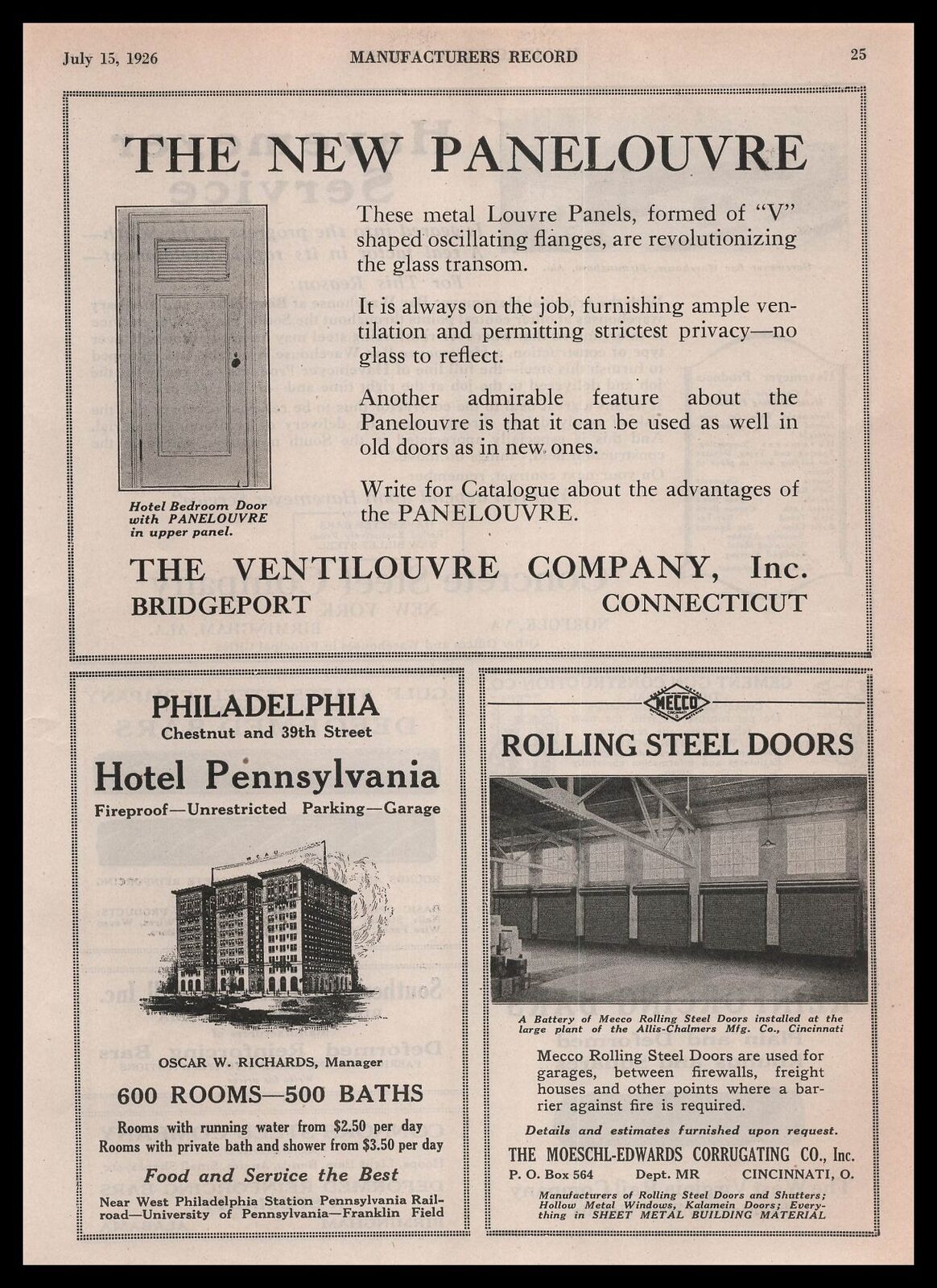 1926 Moeschl Edwards Corrugating Cincinnati Ohio Rolling Steel Doors Print Ad