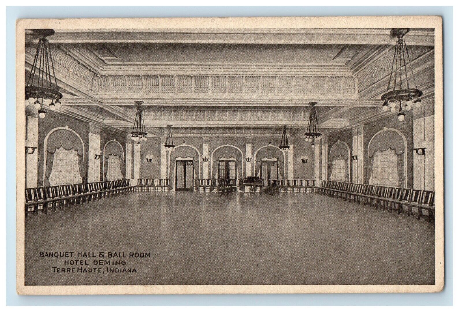 c1920's Banquet Hall & Ball Room Hotel Deming Terre Haute IN Vintage Postcard