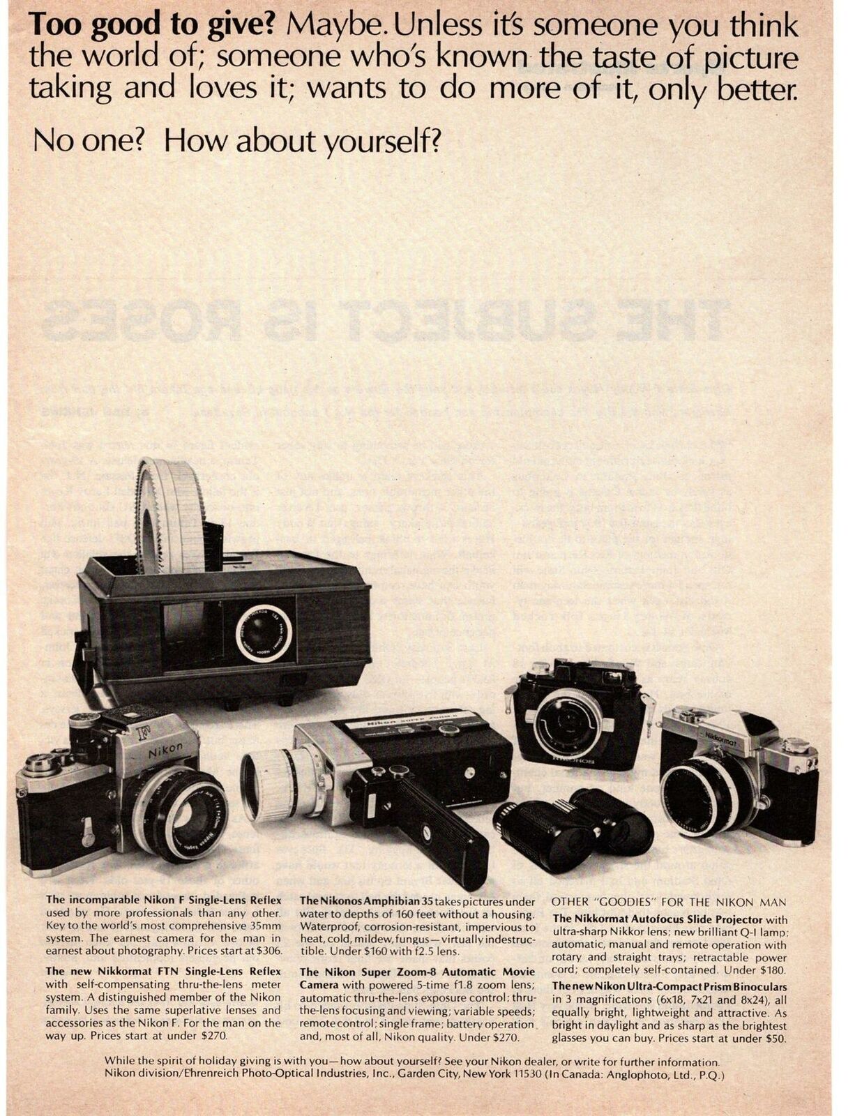 1968 Nikon F SLR Nikkormat FTN Nikonos Amphibian 35 Super Zoom-8 Camera Print Ad