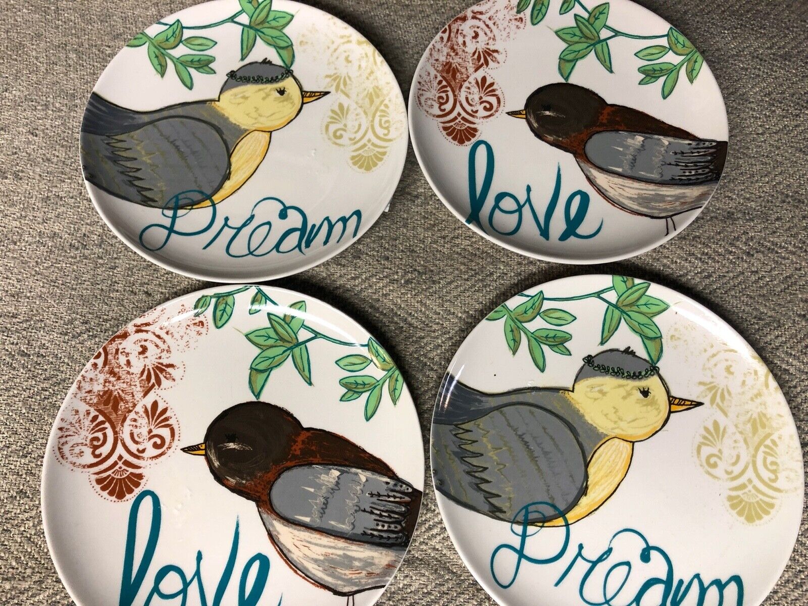 RARE CREATIVE CO-OP Salad Plates 8 Inches Birds Dream Love 