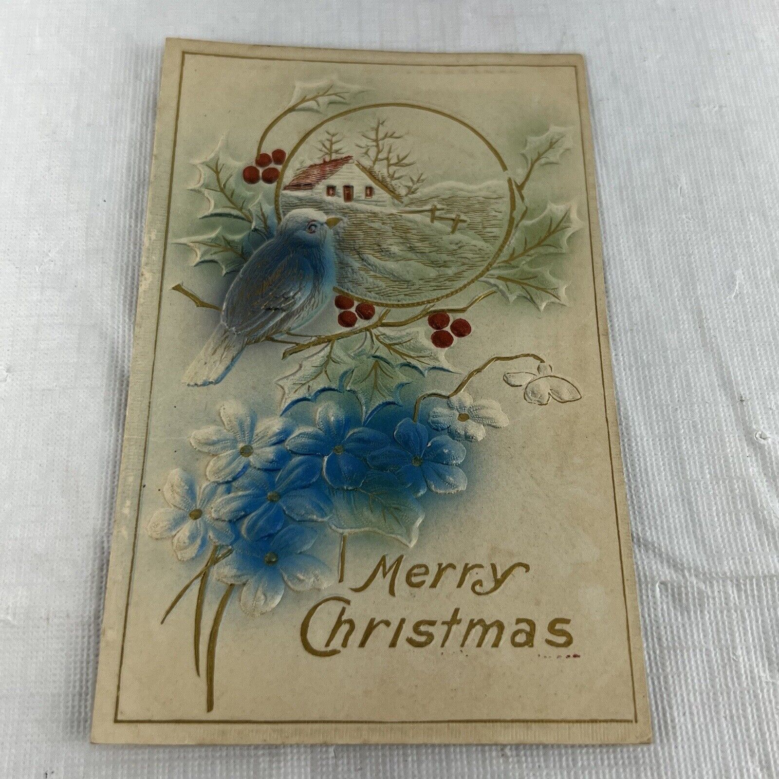 Antique Embossed Christmas Postcard Cabin Blue Bird Winter Scene 1911 With Stamp