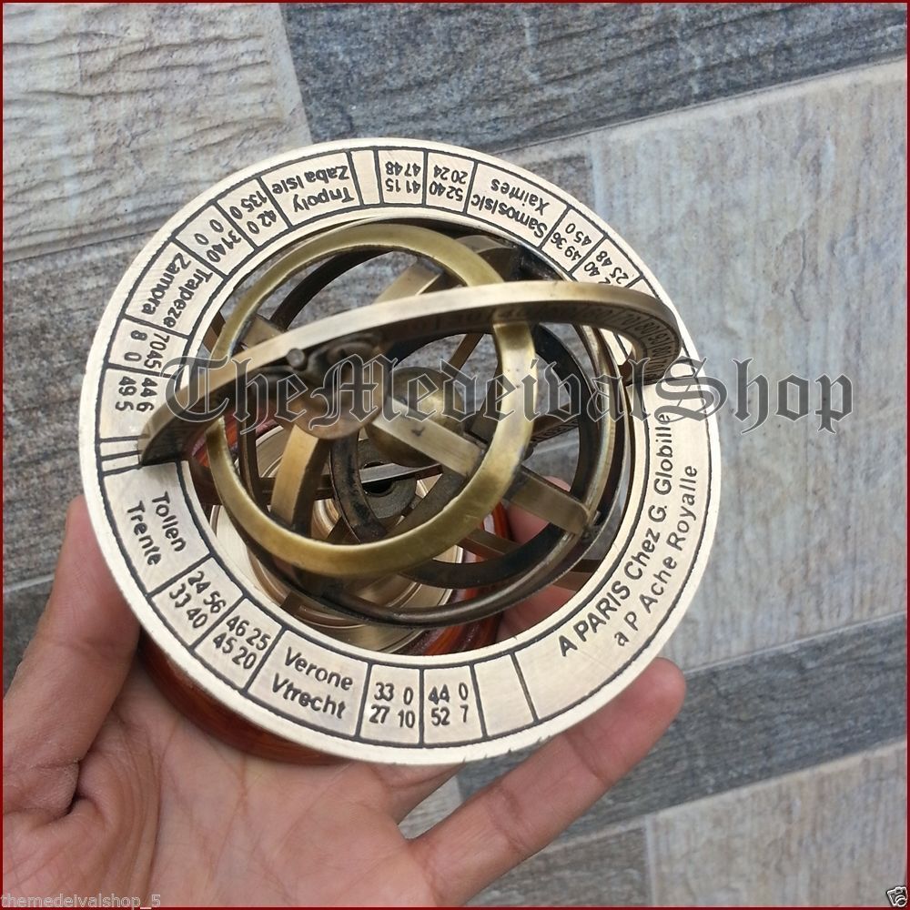 Antique Armillary Brass Desktop Globe Sphere Wooden Base Vintage Astrolabe Gift