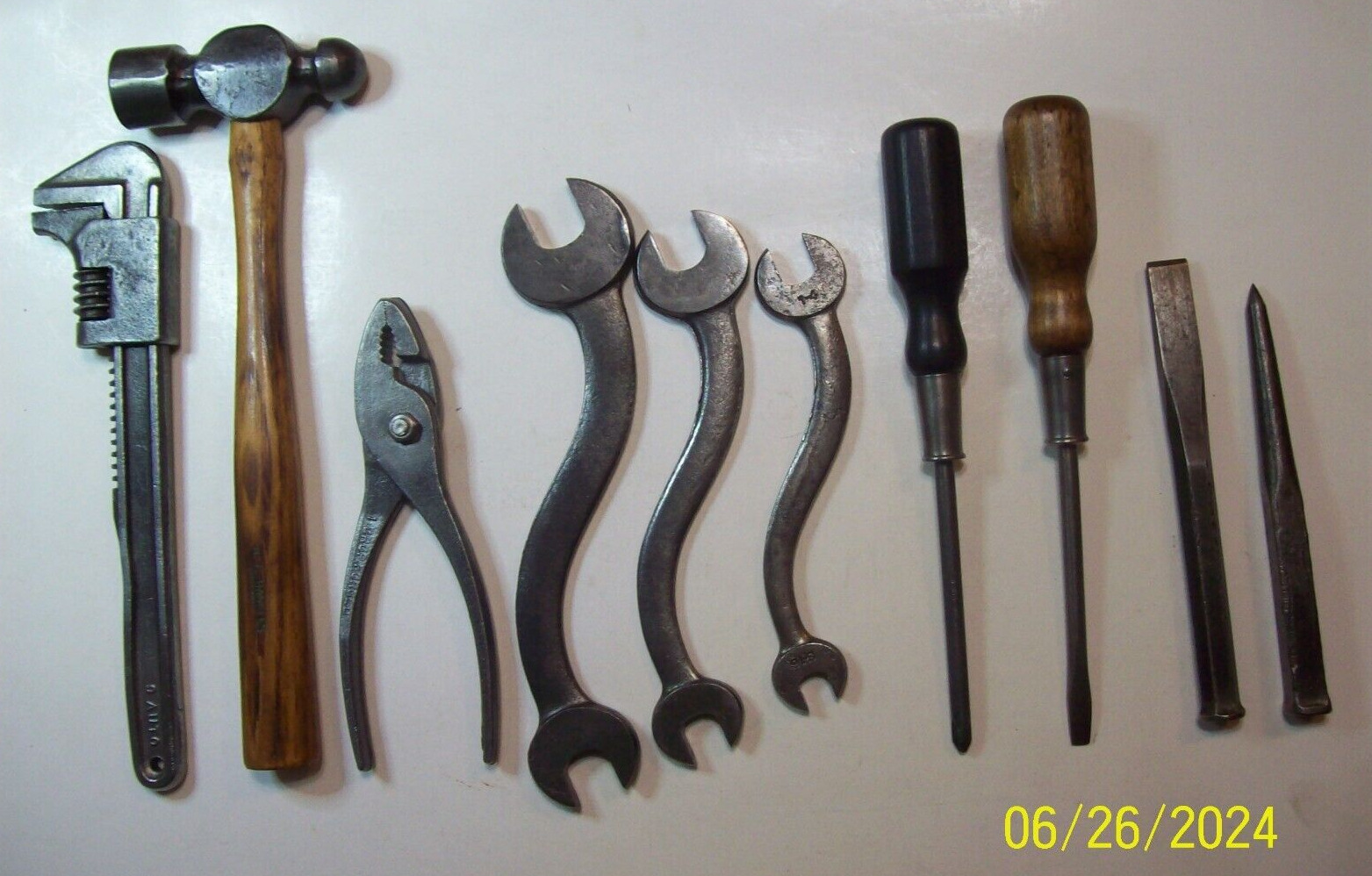 vintage  10 piece automobile tool kit, S curved wrenches