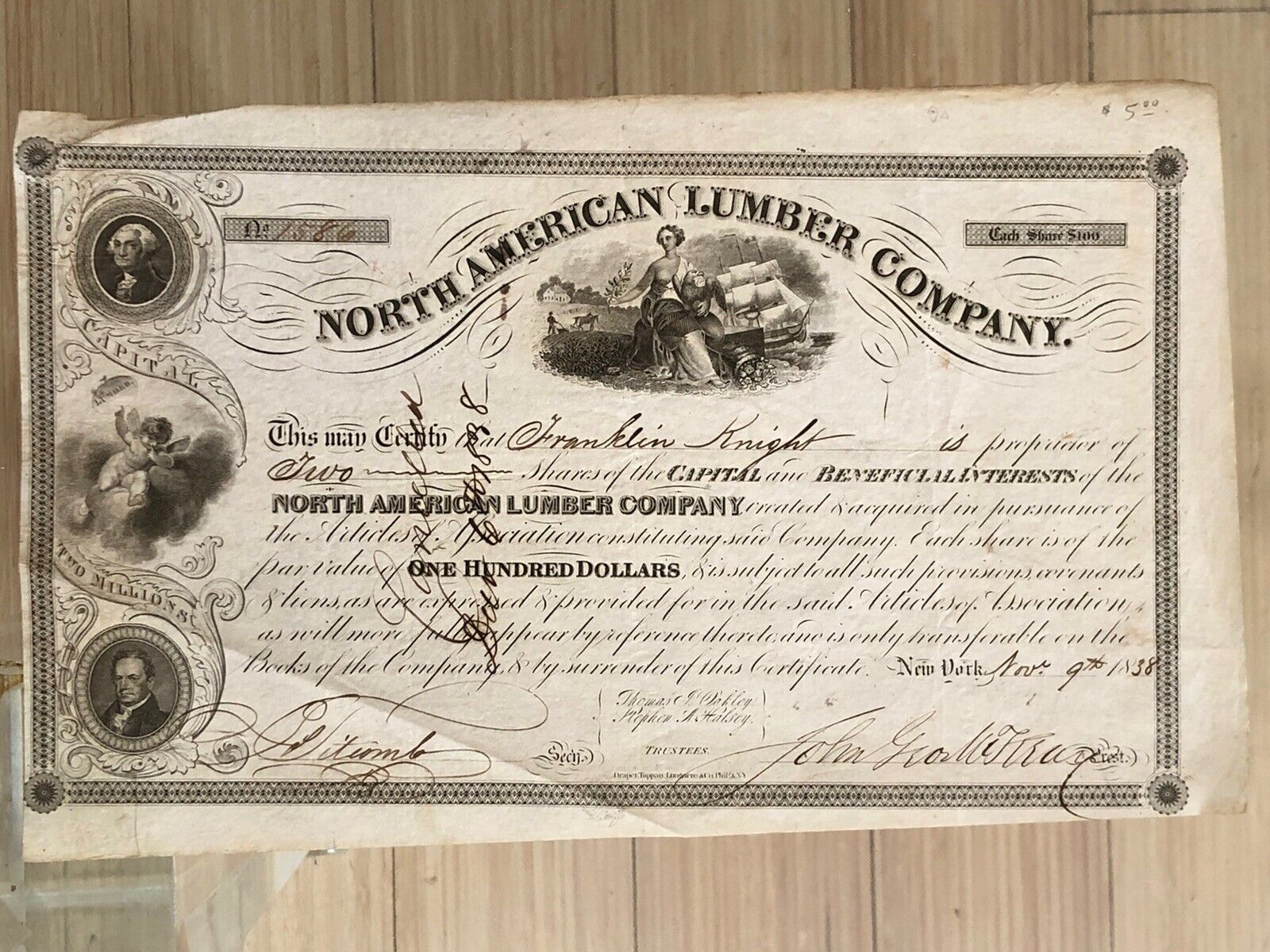 Rare North American Lumber Co 1838 Stock Certificate