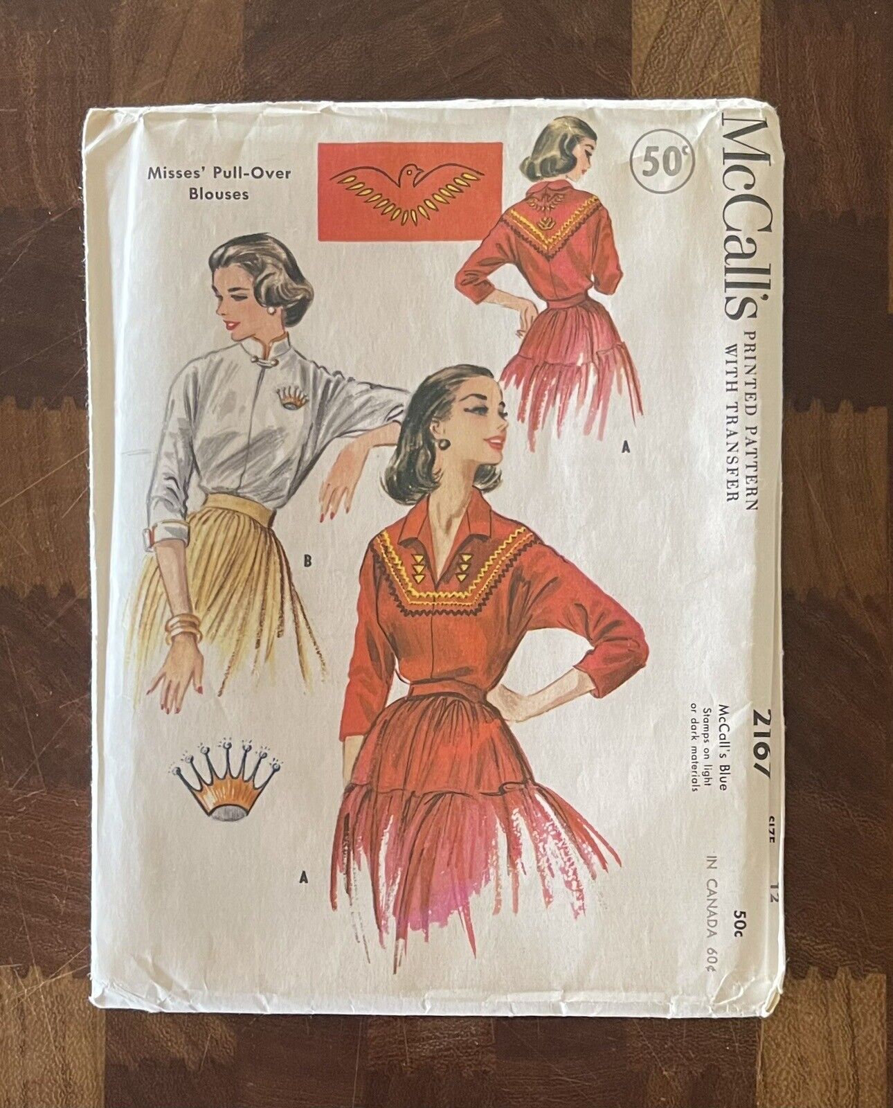 Vintage 1950s McCall's Pull-Over Blouses w/ Embroidery Transfers Size 12