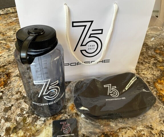 PORSCHE 75TH ANNIVERSARY  Gift Set - Water Bottle, Anniversary Pins, & Bags