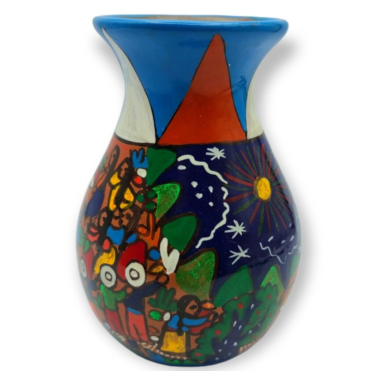 Vtg Mexico Folk Art Terracotta Pottery Vase Hand Painted Storyteller 5\