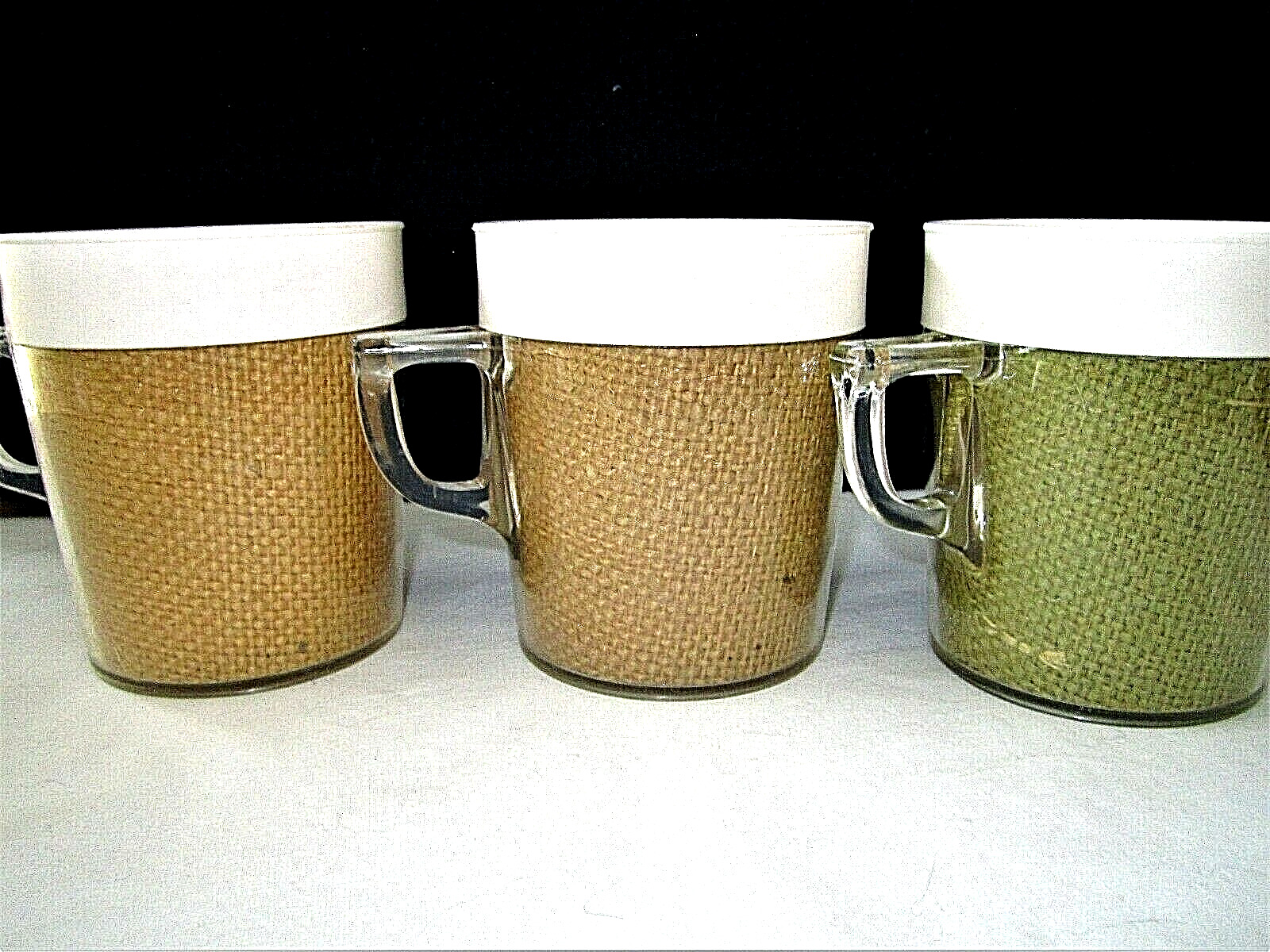 3 Raffia Burlap Insulated Melmac Melamine Mugs Cups 1960\'s Avocado Green & Brown