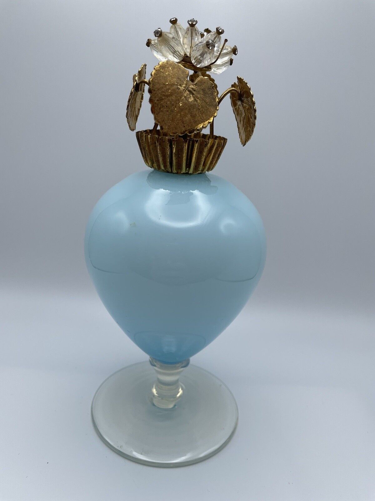 Vintage Opalescent Blue Glass Footed Perfume Bottle Jeweled Top Gold Leaves