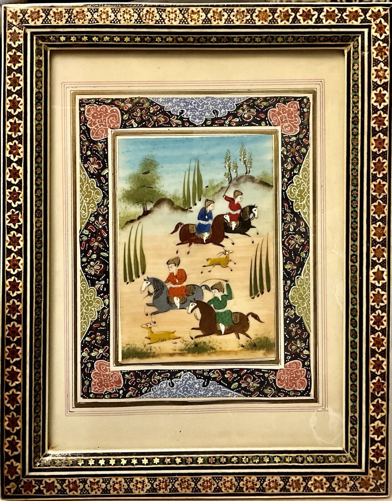 Persian Hunting Scene Oil Painting Bone, Inlay, Marquetry, Wood Khatam 9”+11”