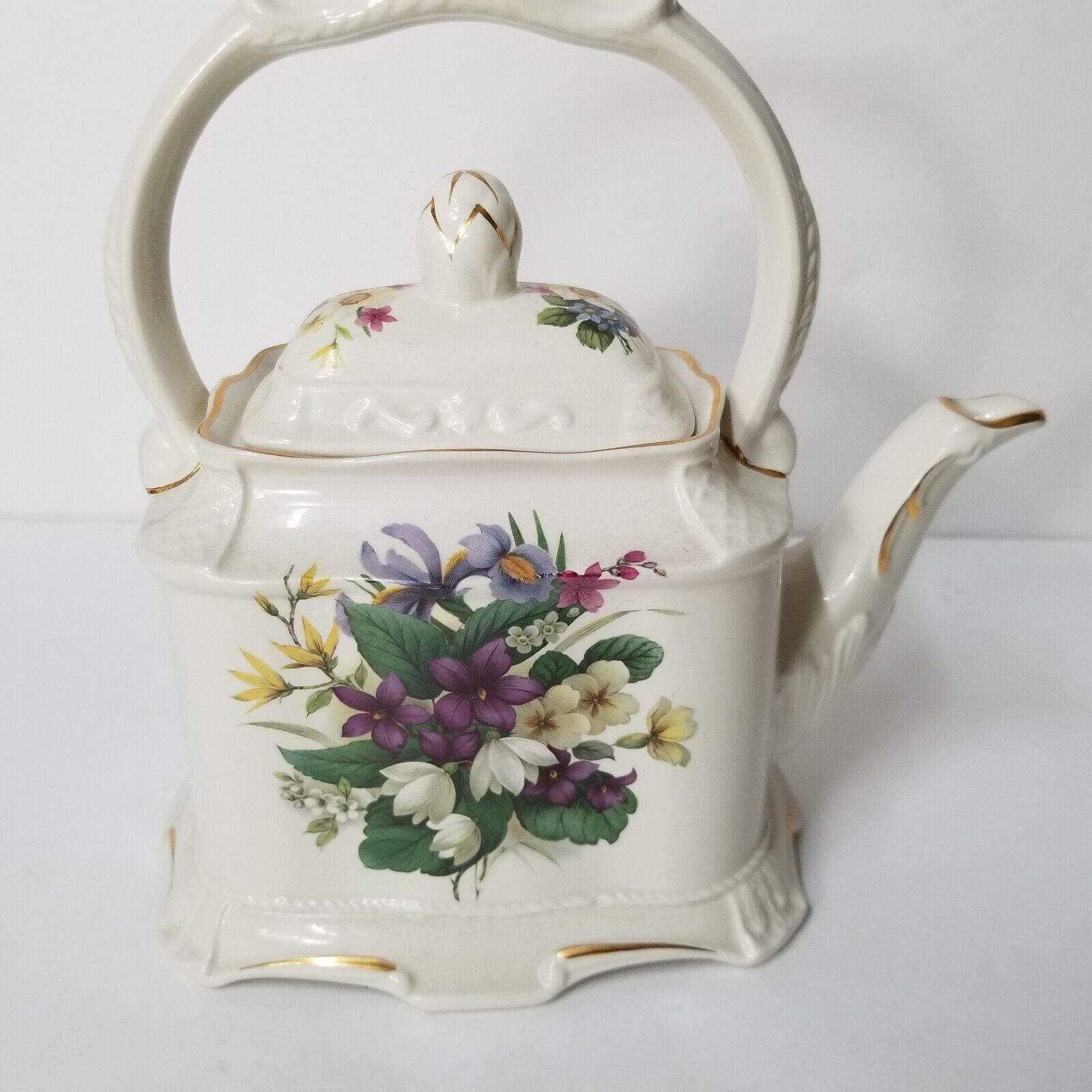 Crown Dorset Tea Pot Carriage Style Vintage Staffordshire England Purple Flowers