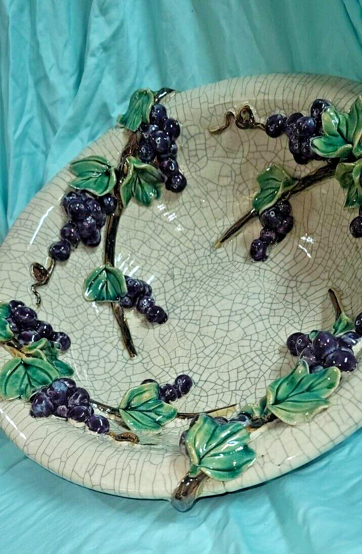 Large Vintage Majolica Centerpiece Bowl with Raised Grapevines and Crackle Glaze