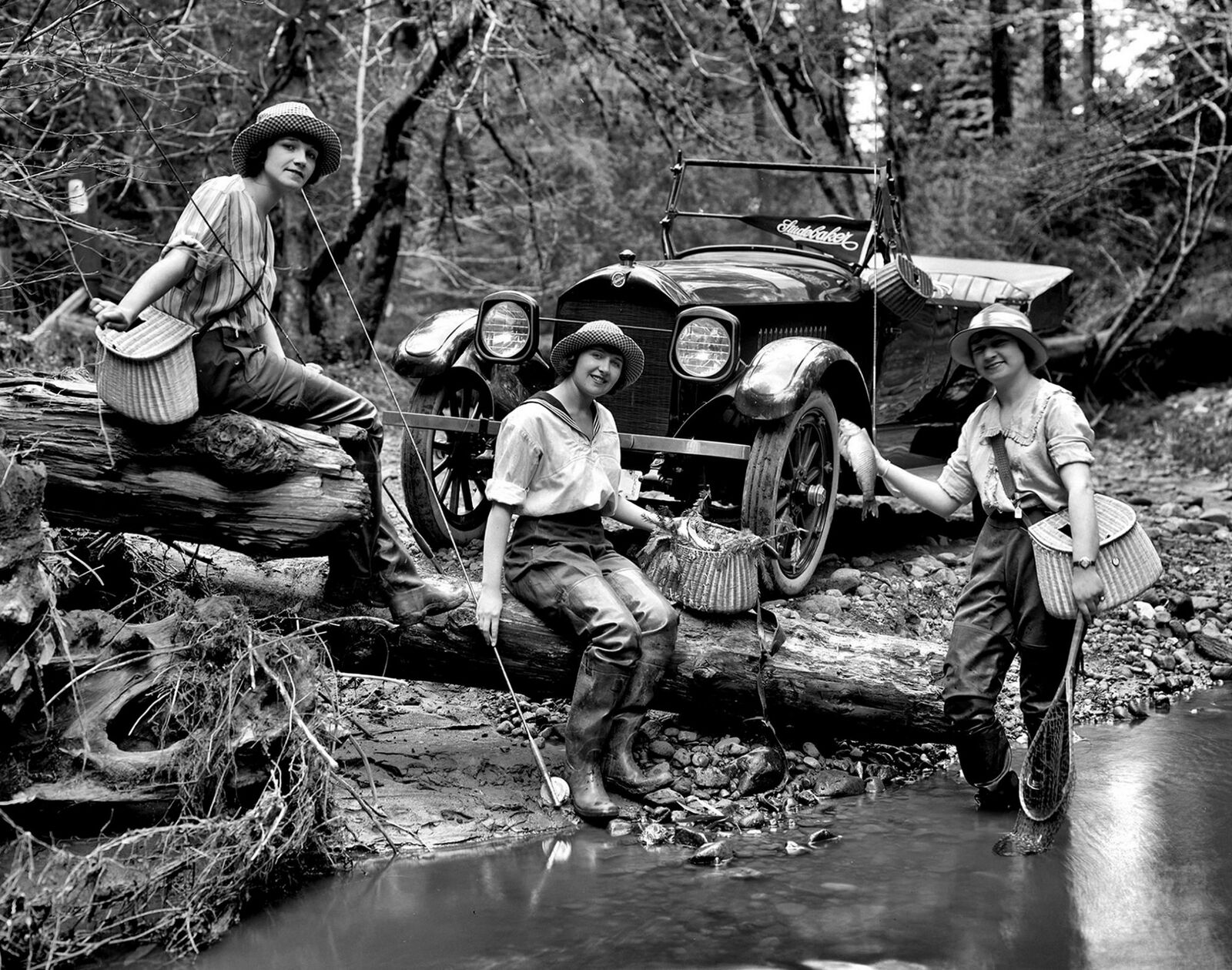 1919 GIRLS FLY FISHING Next to Vintage Studebaker PHOTO  (176-z)