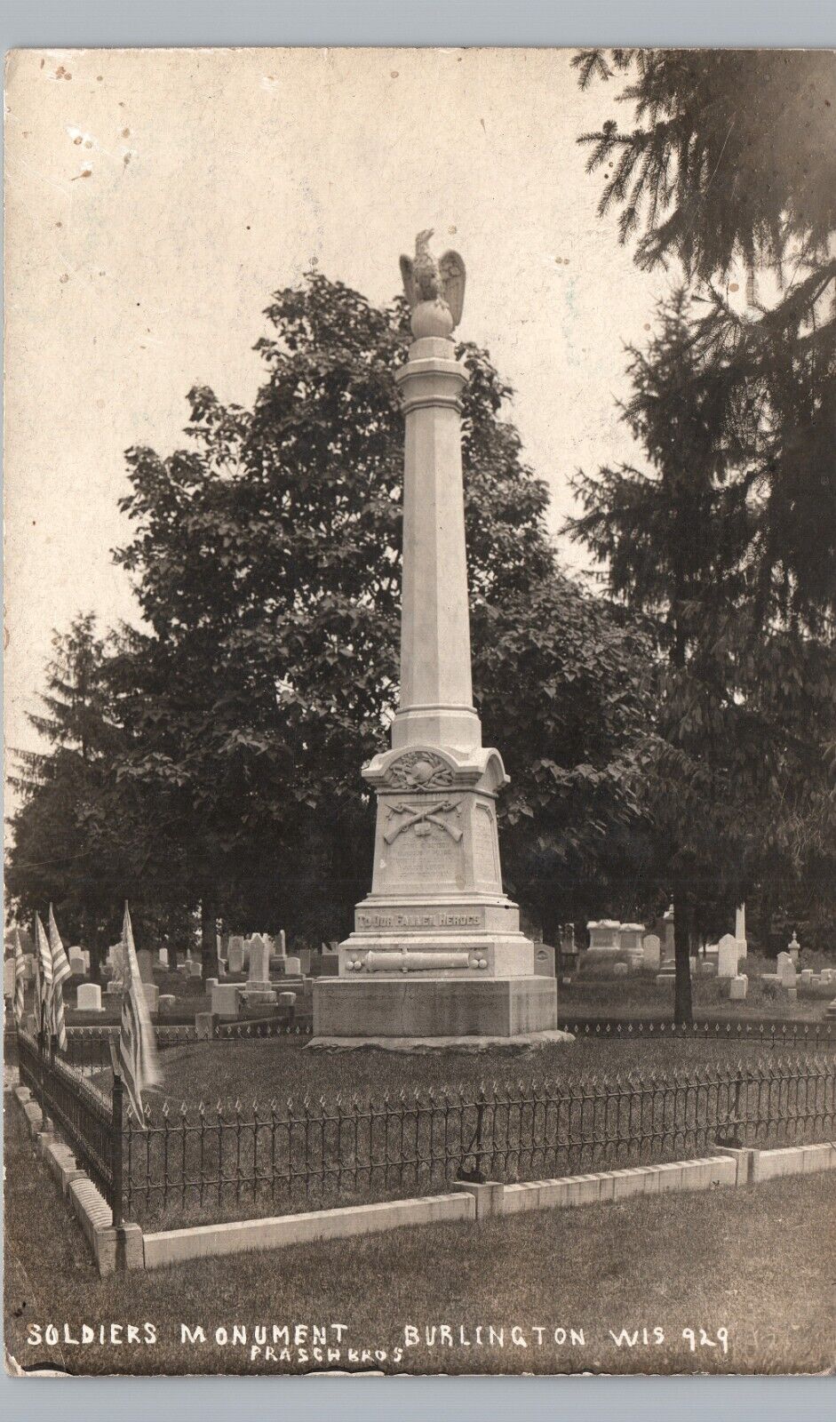 CIVIL WAR SOLDIERS MONUMENT burlington wi postcard rppc ~nice cemetery scene