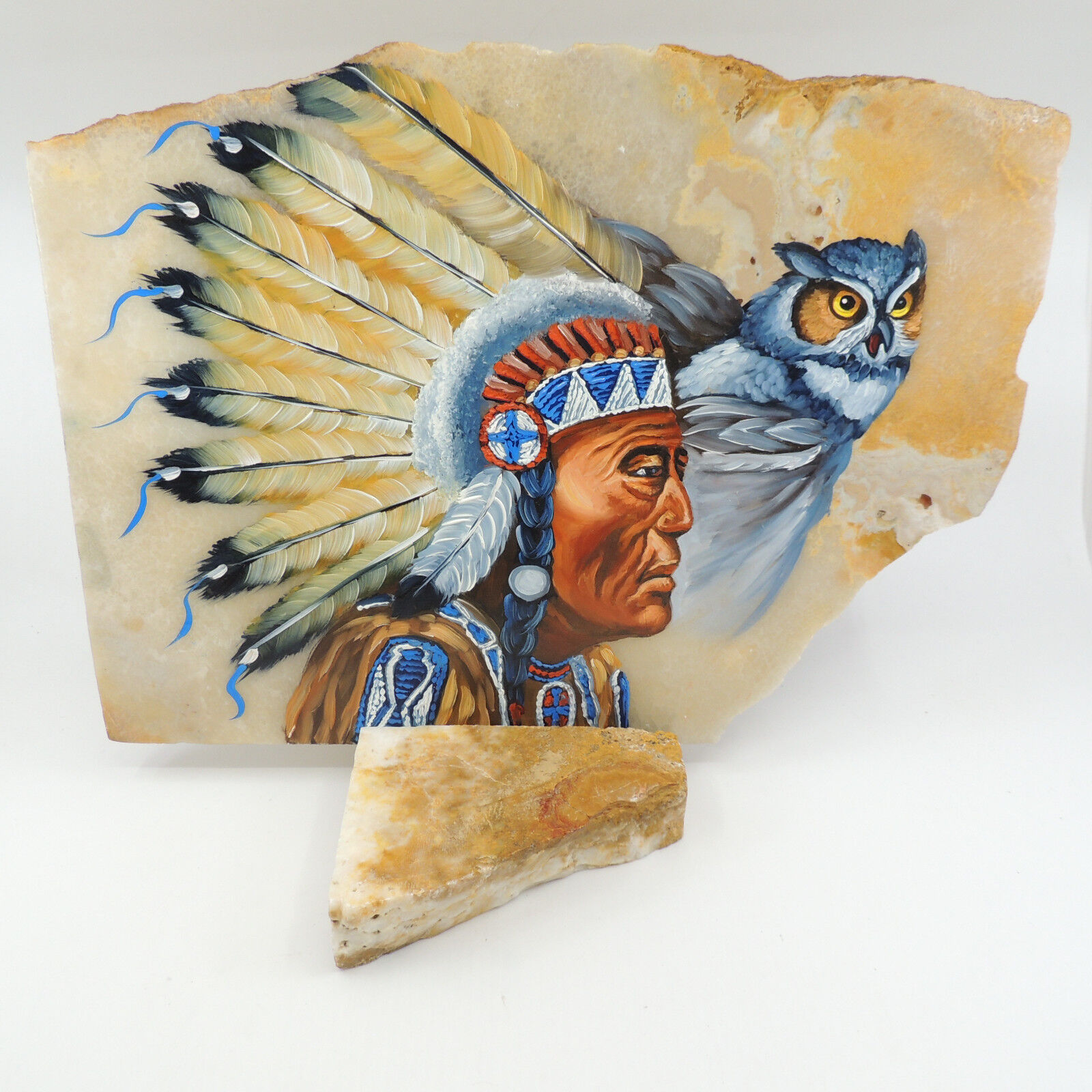 Original Native American Chief & Owl Painting Marble Slate & Stand Unsigned