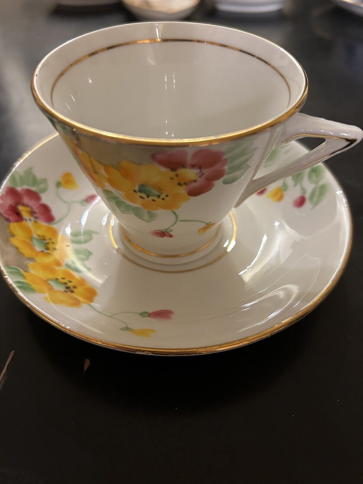 Vintage Phoenix Bone China England Hand Painted Yellow Floral Tea Cup & Saucer 