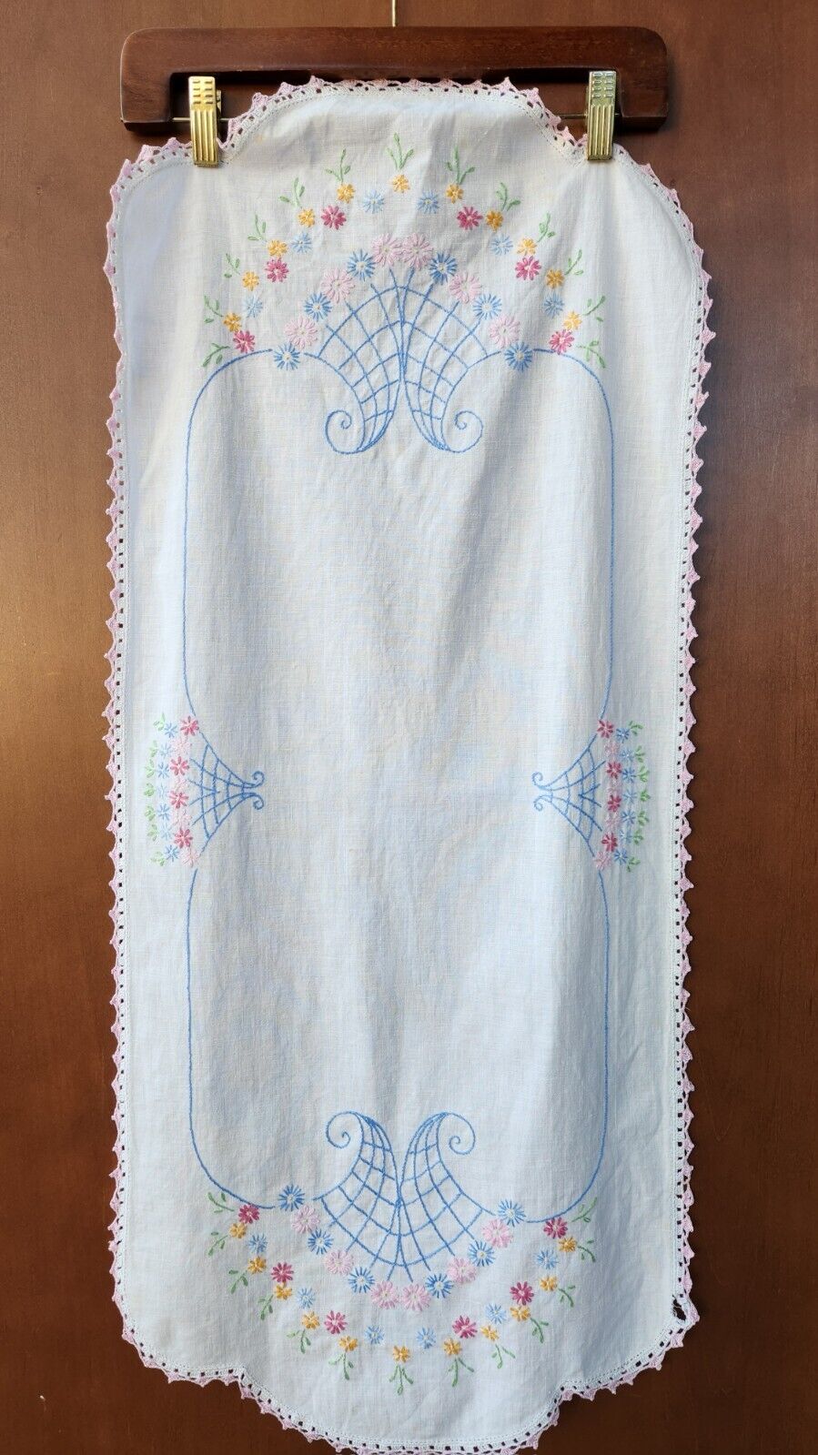 Vintage Embroidered Linen Table Runner/Kitchen Towel Crochet Sides