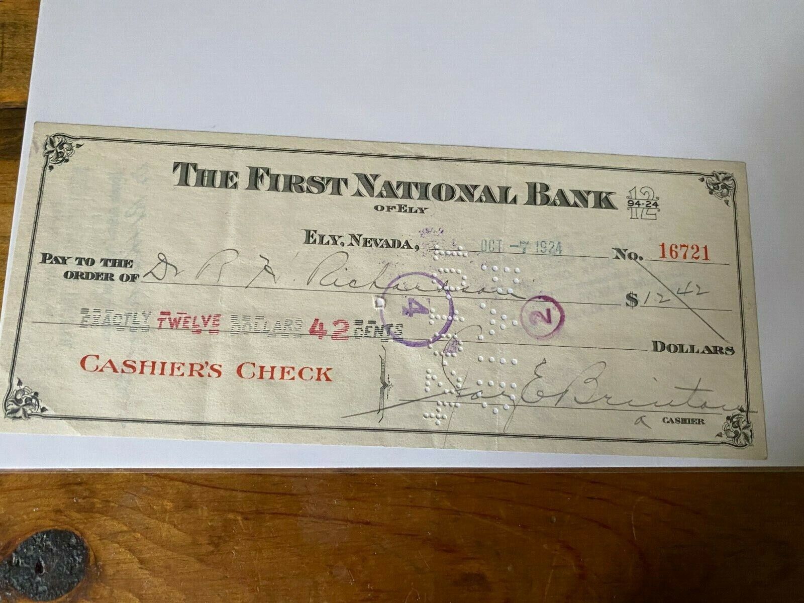 Vintage 1924 First National Bank Ely, Nevada Cancelled Check