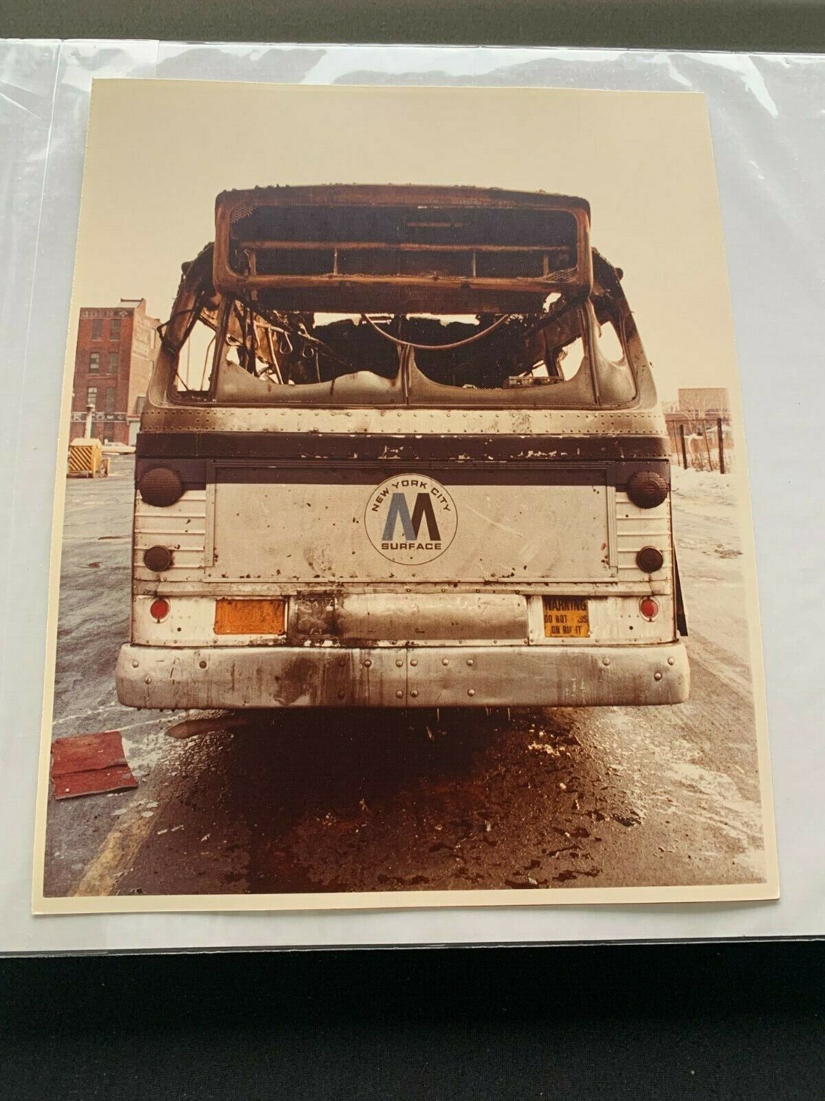 8X10 NY NYC SURFACE TRANSIT BUS FIRE RAVAGED DAMAGE REPORT WINTER PHOTOGRAPH