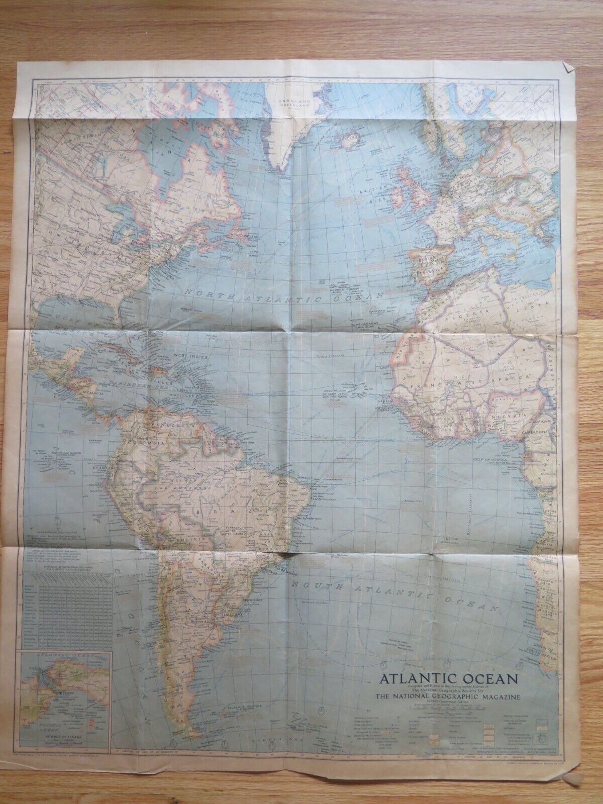 Vintage original 1939 National Geographic map - Atlantic Ocean
