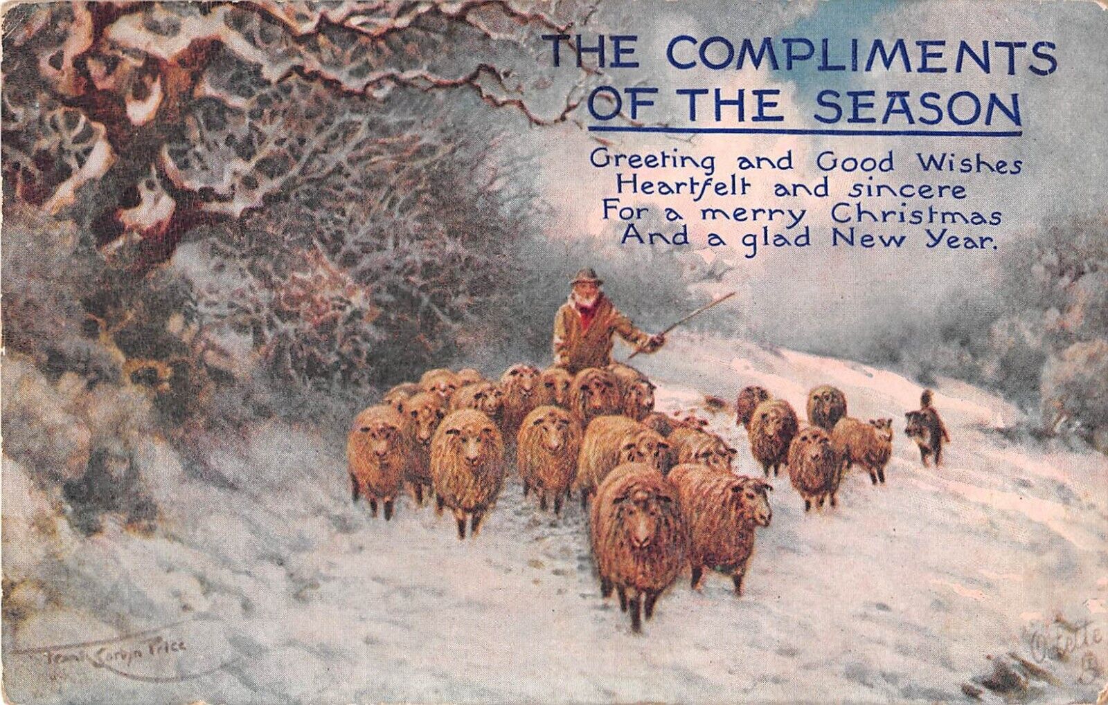 Shepherd & Dog Driving Sheep Thru The Snow-Old Tuck Oilette Christmas PC-No.9679
