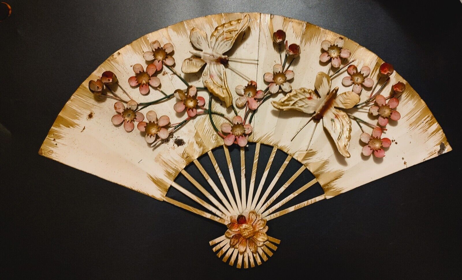 Vintage Metal Fan Tole Painted With Cherry Blossoms And Butterflies Hong Kong