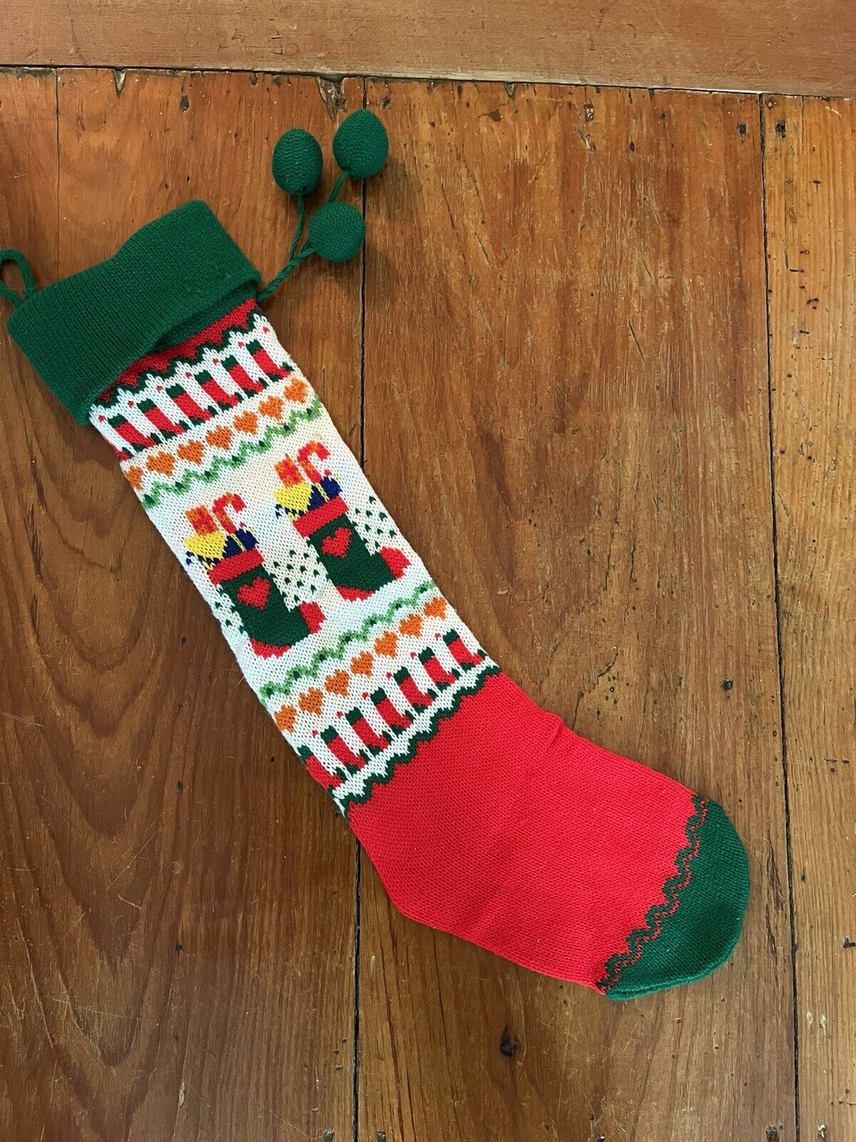 Vtg Knit Christmas Stocking XL 21” Stretchy Hearts Candy Canes Pom Pom NWOT