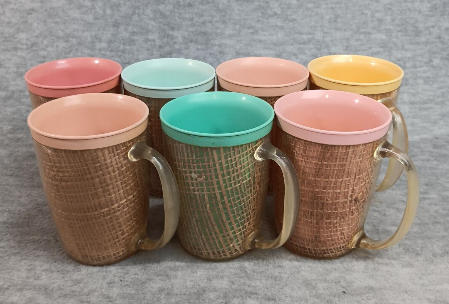 Vintage MCM Set Of 7 Coffee Cups Raffia Ware Burlap Straw Mugs Plastic