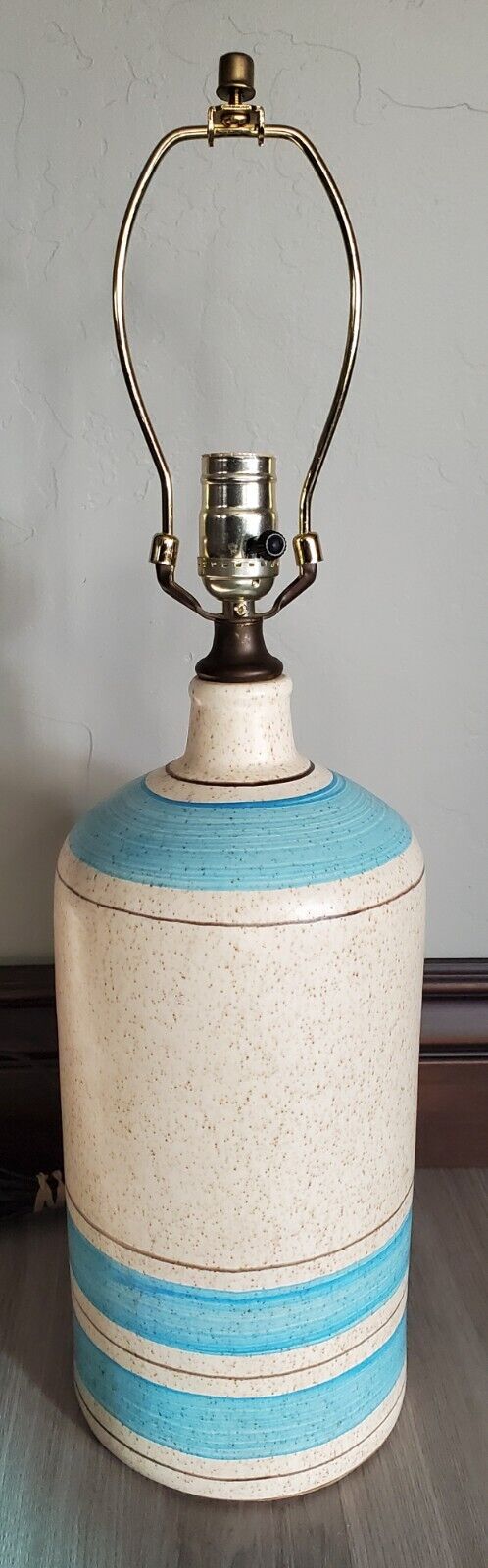Vintage MCM 1960\'s? Ceramic Cylinder Table Lamp Speckled Oatmeal And Blue 