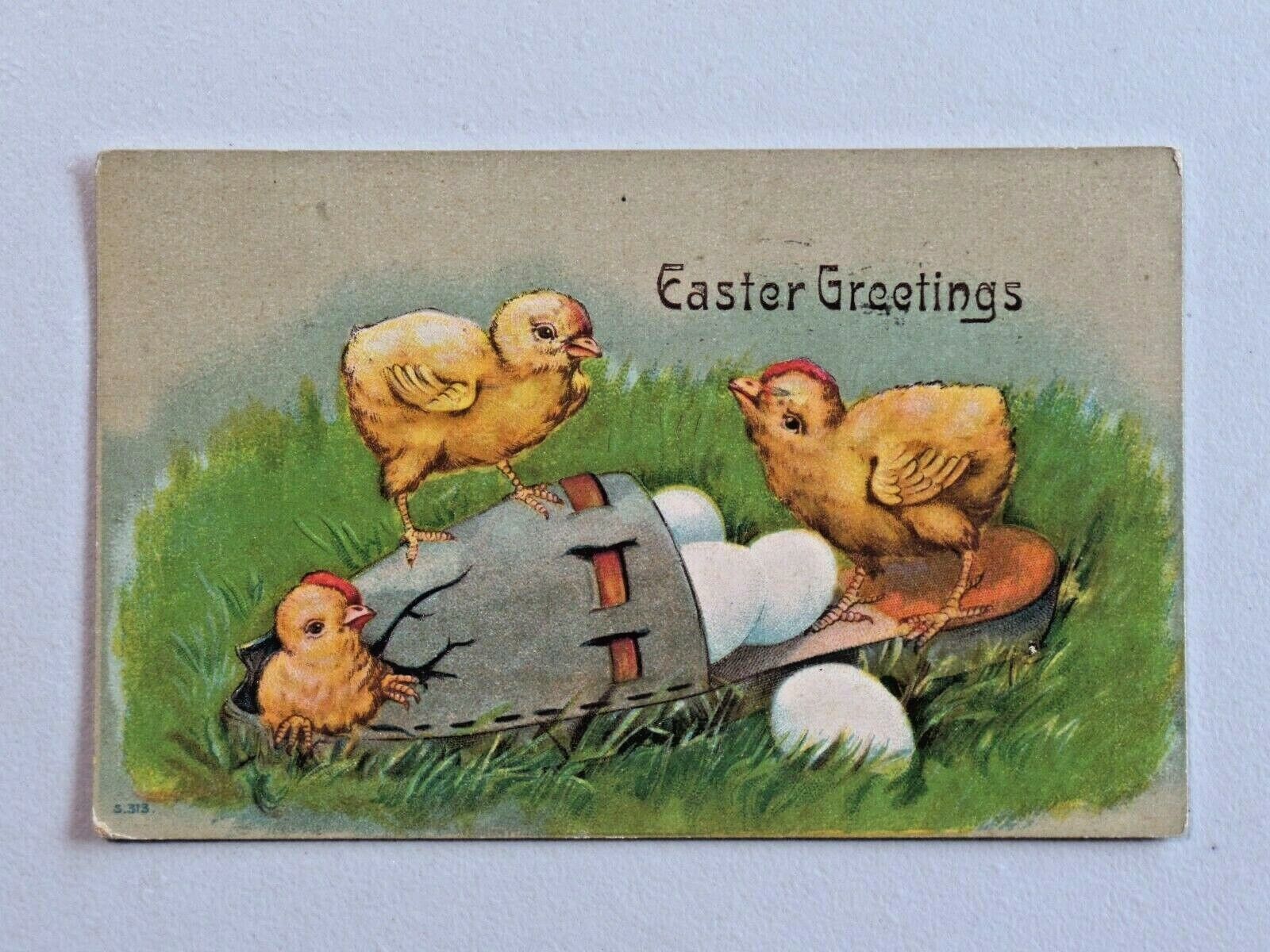 Vintage Easter Greetings Postcard 1909 Post Chicks and Eggs in Slipper Shoe 8918