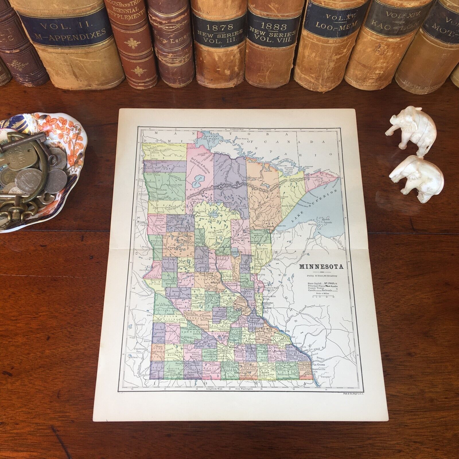 Original 1885 Antique Map MINNESOTA Duluth Rochester Bloomington Mankato Winona